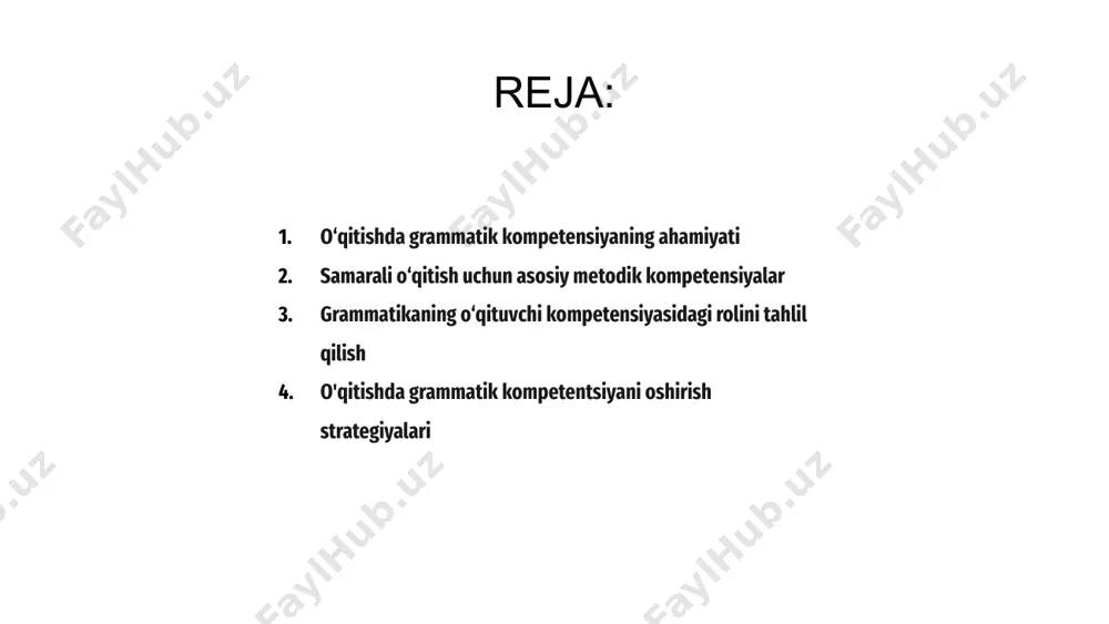 tegishli strategiyalardan foydalanishni o'z ichiga oladi. o'qituvchining grammatik malakasi ularning til qoidalarini aniq tushuntirish va to'g'ri fikr bildirish qobiliyatiga ta'sir qiladi. uslubiy kompetentsiya o'qituvchilarga qiziqarli grammatik darslarni yaratishda va o'quvchilarning tushunishini baholashda yordam beradi. grammatikaning o‘qituvchi kompetensiyasidagi rolini tahlil qilish grammatik bilimlar va o‘qitish usullari o‘rtasidagi mutanosiblikning muhimligini ko‘rsatadi. har ikkala sohani yaxshilash o'qituvchilarning umumiy samaradorligini oshiradi. o'qitishda grammatik kompetentsiyani oshirish strategiyalari sinfda samarali muloqot qilish uchun o'qituvchining grammatik kompetensiyasi juda muhimdir. grammatika bo'yicha bilimlarini oshirib, o'qituvchilar o'quvchilar uchun tildan to'g'ri foydalanishni modellashtirishlari mumkin. uslubiy kompetentsiya talabalarning grammatika tushunchalarini tushunishini kuchaytirish uchun samarali o'qitish strategiyalaridan foydalanishni o'z ichiga oladi. o'qituvchilar interfaol faoliyat va hayotiy misollar kabi turli usullarni qo'llashlari kerak. o'qitishda grammatik kompetentsiyani oshirish strategiyalari aniq tushuntirishlar berish, talabalarga mashq qilish imkoniyatini berish va ularning til ko'nikmalarini yaxshilashga yordam beradigan fikr-mulohazalarni taqdim etishni o'z ichiga oladi. 3 1 2 o'qituvchining uslubiy kompetentsiyasini baholash o'qituvchining grammatik va uslubiy kompetentsiyasi samarali o'qitish …