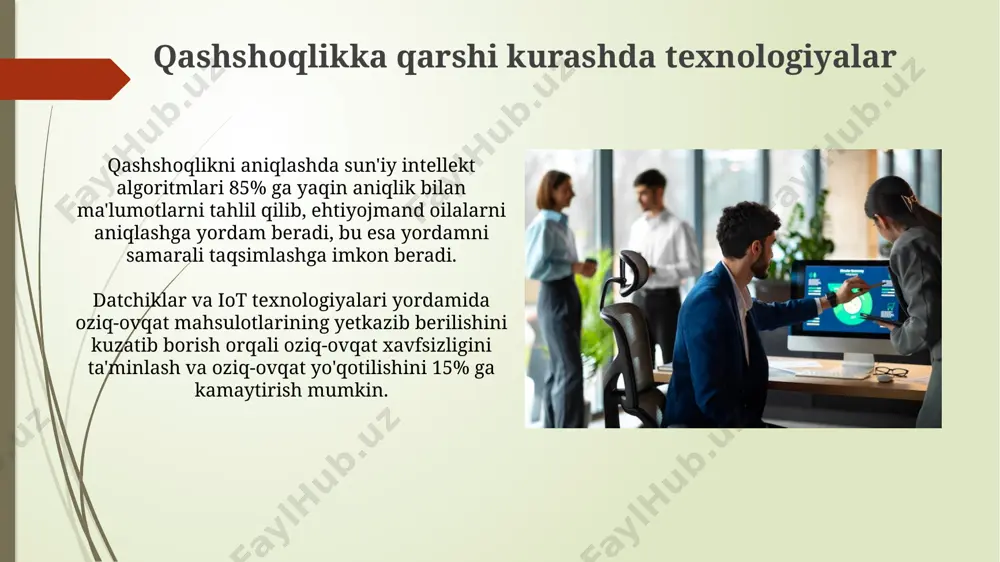 h va o'quv jarayonini yanada qiziqarli qilish imkonini beradi. axborot texnologiyalari va inklyuziya mobil ilovalar va sensorli texnologiyalar orqali 70% ga yaqin ko'r va ko'rish qobiliyati zaif odamlarga axborotga mustaqil kirish imkoniyatini taqdim etadi. ai-powered tarjima vositalari kabi texnologiyalar 50 dan ortiq tilni qo'llab-quvvatlab, til to'siqlarini bartaraf etib, inklyuziv ta'lim va kommunikatsiyani rivojlantiradi. tabiiy ofatlarga tayyorgarlik va javob berish sun'iy yo'ldosh texnologiyalari yordamida 90% gacha aniqlik bilan tabiiy ofatlarni (zilzilalar, sel kabi) oldindan bashorat qilish va ogohlantirish tizimlarini yaratish mumkin. big data tahlili orqali xavf zonalarini aniqlash va 5 yildan ortiq muddatga ofatlarga chidamli infratuzilmani rejalashtirish imkoniyati mavjud. bolalar himoyasi va texnologiyalar sun'iy intellekt (ai) asosidagi texnologiyalar bolalar ekspluatatsiyasi holatlarini aniqlash va oldini olishda muhim rol o'ynaydi, 90% dan ortiq holatlarni aniqlash imkoniyatiga ega. bu esa huquq-tartibot organlariga tezkor va samarali javob berishga yordam beradi. geolokatsiya texnologiyalari orqali bolalarning joylashuvini kuzatib borish va ularning xavfsizligini ta'minlash mumkin. bu, ayniqsa, 12 …