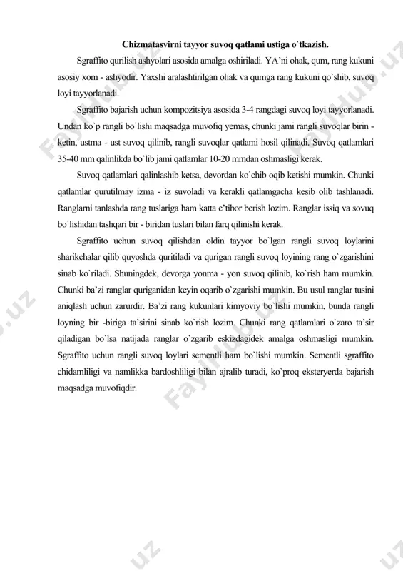 svirli, o`nozik chiziqlar bo`lishi mahobatli rangtasvir asarining jozibali, chiroyli, badiiy chiqishini ta’minlashi mumkin. sgrafitto kompozitsiyasi uchun rang kolerlarini tanlashda uning joyiga qarab tanlanadi. masalan, oq+qora+qizil, oq+ko`k+zarg`aldoq, qora+zarg`aldoq+sariq kabi guruhda bo`lishi mumkin. shuningdek, rang tuslari bir-biriga yaqinroq ham bo`lishida kompozitsiya bajarilayotgan joy, o`rniga bog`liqdir. sgrafitto eksteryerda bajarilayotgan bo`lsa, kontrast ranglardan foydalanish maqsadga muvofiq. sgrafitto kompozitsiyasini bajarishda mavzu va rassomning iste’dodi ham rol o`ynaydi. sgrafitto kompozitsiyasini bajarishda oddiyroq mavzu tanlab katta tomoniga 1 metr (100x80, 60x70, 60x80 sm) o`lchamlarda bajarish yoki kattaroq kompozitsiyaning bo`lakchasi sifatida ham amalga oshirish mumkin. kichikroq hajmdagi kompozitsiya mustaqil yechimga ega bo`lib, tugallangan asar kabi bajarilishi keyinchalik murakkabroq mavzuga kompozitsiya bajarish maqsadga muvofiq. sgrafitto uchun kompozitsiya shlashda ishlashda uning xususiyatiga asosan bajarish kerak. sgrafittoda 3-4 xil rangdagi suvoqda bajarilishini e’tiborga olib kompozitsiya tuzilishini aniqlash lozim. mayda shakllarni ko`p ishlatish ancha qiyinchilik tug`dirishi mumkin. kompozitsiyada katta va kichik bo`laklarni yaqqol lokal ranglarda amalga oshirish maqsadga muvofiq. oddiyroq shakllardan foydalanib, …