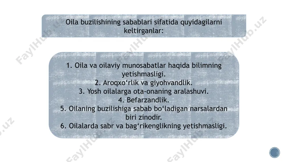 llari hisobiga yashab, boshini ko‘tarib yurgan erkaklar ko‘paymoqda. oiladagi yetishmovchilik sababli chet ellarga ishlashga ketayotgan ayollarimiz soni ortmoqda. oilada sog‘lom, kuch-quvvati bor erkak kishi bo‘la turib zaifa ayolni pul topish maqsadida chekka joylarga jo‘natish erkaklar uchun sharmandali holat hisoblanadi. oiladagi voyaga yetmagan farzandlar qarovsiz qolib ketmoqda. ba’zi oilalarda erkak, hatto ayoli jo‘natgan pullar hisobiga uyini qurib, uylanib olayotgan holatlar ham uchrab turadi. avvalambor, oilada o‘g‘il bolaga alohida tarbiya lozim. uni g‘ururli, mard, bir so‘zli qilib tarbiyalash kerak. yigit kishi oilani moliyaviy ta’minlay olishga ko‘zi yetgandan so‘nggina oila qurishi kerak. u ertaga rafiqasiga suyanchiq, farzandlariga har sohada yo‘lboshchi va o‘rnak bo‘lishi kerak. oilani ayol kishi ta’minlashiga yo‘l qo‘ymasligi lozim. albatta, ayol kishi ham qo‘lidan kelganicha oilaga yordam qilishga harakat qiladi, lekin bu degani erkak uyida o‘tirishi kerak degani emas. erkak kishi ayol kishini avaylashi, unga og‘ir ishlarni qildirmasligi kerak. 3. har bir oilaning o‘ziga xos qonun-qoidalari va odatlari bo‘ladi. oiladagi muhitning …