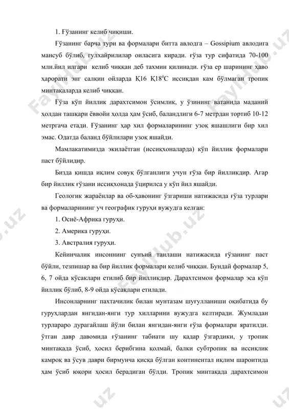 ади. унинг табиий ҳолда тарқалган жойи марказий америкадаги мексика давлати бўлгани учун мексика ғўзаси деб аталади. бизда бу турнинг табиатига бирмунча ўзгаришлар киритилган ва ўрта толали ғўза дейилади. бу турнинг ҳосилдорлиги бошқаларникидан устун туради. аммо тола сифати жиҳатидан бирмунча пастроқ. шунга қарамай ғўза 5 қитъада ҳам етиштирилиб келинмоқда. иккинчи ўринни g. arbaеlum эгаллайди. унинг асл ватани ҳинди-хитой ҳисобланади. шунинг учун ҳинди-хитой ғўзаси дейилади. учинчи ўринни g. barbadеnzе эгаллайди. табиий ҳолда жанубий американинг перу давлатида ўсганлиги учун перу ғўзаси деб айтилади. аммо бу турнинг энг яхши навлари миср мамлакатида яратилганлиги учун уни миср ғўзаси деб ҳам юритилади. мамлакатимизда унинг тезпишар, тола сифати жиҳатидан устун турадиган хиллари яратилгани учун уни ингичка толали ғўза деб юритилади. перу ғўзасининг ҳосили бошқа турларникидан бирмунча камроқ, лекин тола сифати жиҳатидан унга етадиган тур йўқ. ҳосили кеч пишгани учун уни ўсув даври узунроқ ва иссиқлик етарли бўлган зоналарда экилиб келинмоқда. лекин республикамизда унинг тезпишар навлари етиштирилиб юқори …