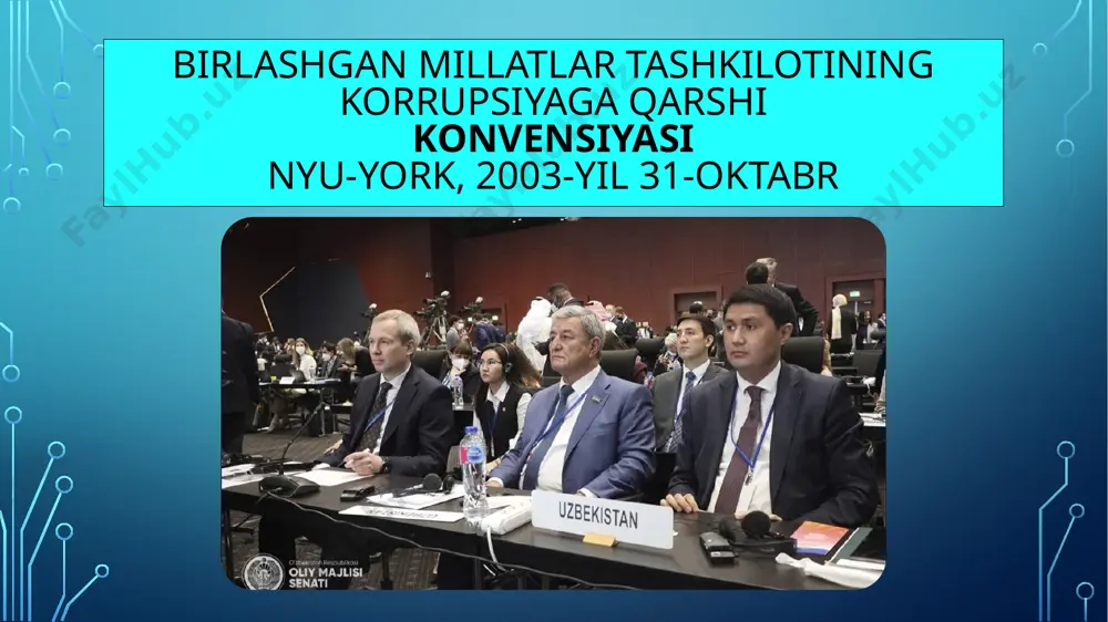 o‘llaniladigan har qanday huquqbuzarlik ko‘zda tutiladi; i) “nazorat ostida yetkazib berish” deganda biron jinoyatni tergov qilish yoki unda ishtirok etgan shaxslarni aniqlash maqsadida vakolatli organlarning ruxsati bilan va nazorati ostida noqonuniy yoki shubha uyg‘otadigan yuklar turkumlarini bir yoki bir necha davlatlar hududlaridan olib chiqish, ushbu hududlarga olib o‘tish yoki olib kirishga yo‘l qo‘yiladigan uslub nazarda tutiladi 3-modda. foydalanish doiralari 1. mazkur konvensiya, uning qoidalariga muvofiq, korrupsiyaning oldini olish, tergov qilish va korrupsiya uchun jinoiy ta’qib qilish hamda mazkur konvensiyaga muvofiq jinoyat yo‘li bilan orttirilgan, deb e’tirof etilgan daromadlar bilan amaliyotlarni to‘xtatib qo‘yish (ishga solmay turish), xatlash, musodara qilish va qaytarish uchun qo‘llaniladi. 2. mazkur konvensiyani amalga oshirish maqsadida, agar unda boshqacha tartib belgilanmagan bo‘lsa, aytib o‘tilgan jinoyatlar sodir etilishi natijasida davlat mulkiga zarar yoki talafot yetkazilishi majburiy emas. 4-modda. suverenitetni himoya qilish 1. ishtirokchi davlatlar o‘z majburiyatlarini mazkur konvensiyaga muvofiq, suveren tenglik tamoyillari va davlatlarning hududiy yaxlitligi hamda boshqa davlatlarning …