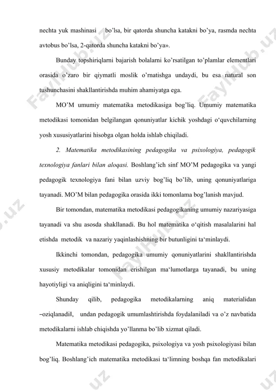 i aniq mavzu materiallariga tatbiq qilish yo’llari ko’rsatiladi. 3. matematika o‘qitishning aniq metodikasi. bu bo’lim ikki qismdan iborat: 1. umumiy metodikaning xususiy masalalari. 2.maxsus metodikaning xususiy masalalari. boshlang’ich sinflarda matematika o‘qitish metodikasi butun pedagogik tadqiqotlarda pedagogik texnologiya, axborot texnologiyalari yutuqlarida qo’llaniladigan metodlardan foydalanadi. kuzatish metodi – odatdagi sharoitda kuzatish natijalarini tegishlicha qayd qilish bilan pedagogik jarayonni bevosita maqsadga yo’naltirilgan holda idrok qilishdan iborat. kuzatish aniq maqsadni ko’zlagan reja asosida uzoq va yaqin vaqt oralig’ida davom etadi. kuzatish tutash yoki tanlanma bo’lishi mumkin. tutash kuzatishda kengroq olingan hodisa (masalan, matematika darslarida kichik yoshdagi o‘quvchilarning bilish faoliyatlari) tanlanma kuzatishda kichik-kichik hajmdagi hodisalar (masalan, matematika darslarida o‘quvchilarning mustaqil ishlari) kuzatiladi. tajriba – bu ham kuzatish hisoblanib, maxsus tashkil qilingan, tadqiqotchi tomonidan nazorat qilib turiladigan va tizimli ravishda o’zgartirib turiladigan sharoitda o’tkaziladi. tajriba natijalarini tahlil qilish taqqoslash metodi bilan o’tkaziladi.pedagogik tadqiqotda suhbat metodidan ham foydalanishi mumkin. tadqiqotning maqsad va vazifalarini yaqqol aniqlash, uning nazariy …