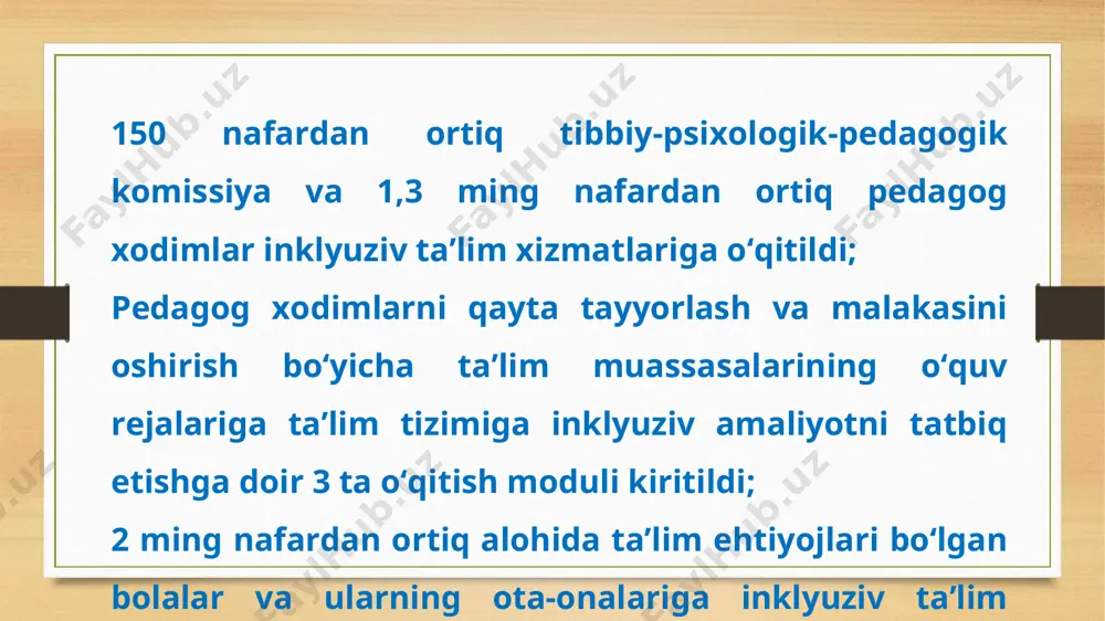 - inklyuziv ta’lim muassasalarining internet tarmog‘iga to‘liq ulanishi ta’minlanadi; - inklyuziv ta’lim muassasalarida o‘quvchilarni qabul qilish va boshqa ta’lim muassasalariga o‘tkazish uchun davlat xizmatlarini ko‘rsatish mexanizmi joriy etiladi. mamlakatimizda imkoniyati cheklangan bolalarni o‘qitish, tarbiyalash, kasb-xunarga yo‘naltirish, jamiyatga uyg‘unlashtirish masalalalari davlat siyosatining dolzarb yo‘nalishlaridan hisoblanadi. chunki o‘zbekistonda taraqqiyotning besh tamoyilidan biri-kuchli ijtimoiy siyosat maqsadli yo‘lga qo‘yilganligi bois, aholining ko‘makka muhtoj qatlamlarini har tomonlama qo‘llab-quvvatlash huquqiy jihatdan kafolatlangan. imkoniyati cheklangan bolalar va o‘smirlarning ijtimoiy hayotga moslashuvi milliy va xalqaro asoslarga egadir. jumladan, xalqaro xujjatlar: jumladan, xalqaro xujjatlar: