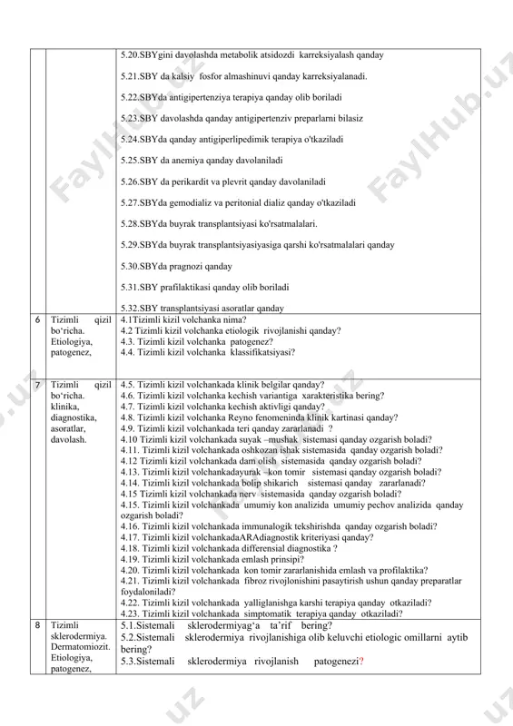 kning nisbiy zichligining qanday ko'rsatkichlari buyrakning o'tkir buyrak etishmovchiligiga xosdir? 4.31. nefrotoksik kelib chiqadigan o'tkir buyrak etishmovchiligining xususiyatlari qanday? 4.32. o'tkir buyrak etishmovchiligida siydikda qizil qon hujayralarining ko'p miqdorda aniqlanishi nimani ko'rsatadi? 4.33. o'tkir buyrak etishmovchiligida qonda qanday o'zgarishlar kuzatiladi? 4.34. o'tkir buyrak etishmovchiligida biokimyoviy ko'rsatkichlarda qanday o'zgarishlar kuzatiladi? 4.35. o'tkir buyrak etishmovchiligida biokimyoviy ko'rsatkichlarda qanday o'zgarishlar kuzatiladi? 4.36. o'tkir buyrak etishmovchiligida natriy ionlarining fraksiyonel ajralishi qanday? 4.37. o'tkir buyrak etishmovchiligida qanday tadqiqotlar qo'llaniladi? 4.38. o'tkir buyrak etishmovchiligi qaysi kasallikdan farqlanadi? 4.39. prerenal o'tkir buyrak etishmovchiligini davolash kerakmi? 4.40. buyrak o'tkir buyrak etishmovchiligini davolashda kerakmi? 4.41. postrenal o'tkir buyrak etishmovchiligini davolashda kerakmi? 4.42.o‘tkir buyrak yetishmovchiligida qanday ovqatlanish kerak? 4.43. o'tkir buyrak etishmovchiligida og'iz orqali va tomir ichiga yuboriladigan suyuqlik hajmi qanday bo'lishi kerak? 4.44. o'tkir buyrak etishmovchiligida gipovolemiyani tuzatish uchun nima buyuriladi? 4.45. o'tkir buyrak etishmovchiligida giperkalemiya 6,5 ​​mmol/l dan yuqori bo'lsa, darhol nima buyuriladi? 4.46. o'tkir buyrak etishmovchiligida metabolik …