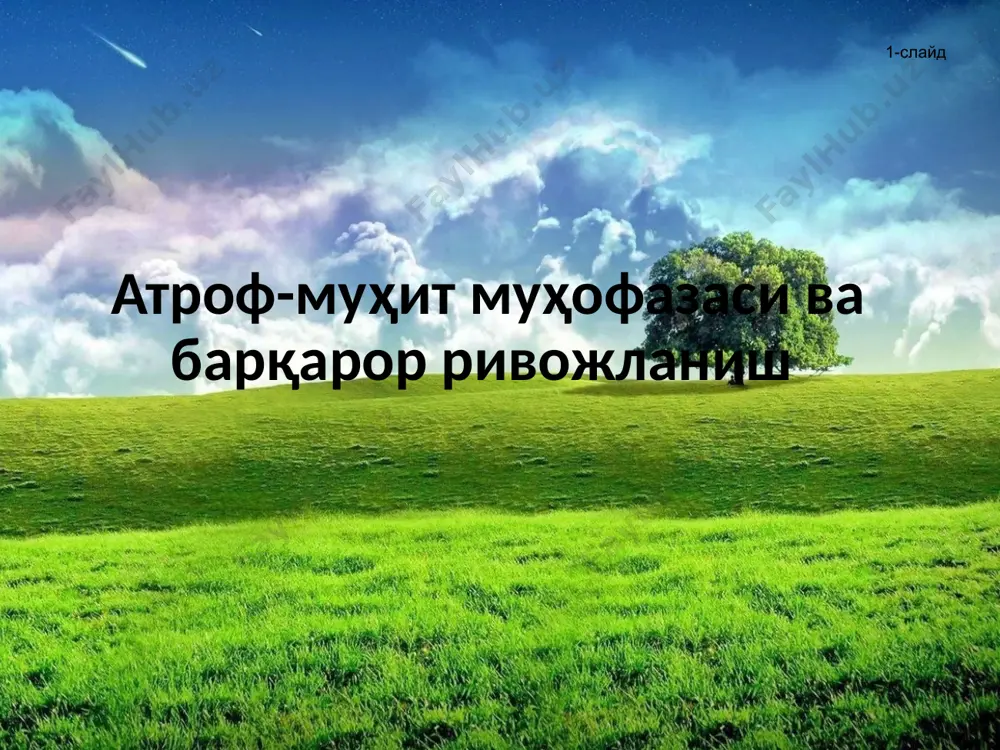ятига монанд равишда мўътадиллаштиришни таклиф этишди. улар геометрик равишда кўпаяётган ер юзи аҳолисини арифметик равишда кўпаяётган табиий бойликларнинг ресурс имкониятлари «кўтара олмаслиги»ни улар халқаро ҳамжамиятга тушунтирмоқчи эдилар. бундай «чегара билмайдиган» глобал экологик муаммолар бутун инсониятни ва айниқса, прогрессив ҳамжамиятга зарар келтирди. мазкур турдаги экологик муаммоларга мисол қилиб орол денгизининг қуриши, чернобил аэсининг фалокатга учраши, саҳрои кабирдаги чўлланиш жараёнларининг кучайиши каби экологик инқирозли ҳолатларни олсак бўлади. «рим клуби»нинг ҳисоботи 1972 йилнинг 5 июнида швеция пойтахти стокгольм шаҳрида бутунжаҳон «атроф-муҳитни муҳофаза қилиш» конференциясини чақиришга асос бўлди 5 июнь бутунжаҳон атроф муҳитни муҳофаза қилиш куни 13-слайд 14-слайд айнан стокгольм конференциясидан бошлаб давлатлар ўртасидаги муносабатларда атроф-муҳитни муҳофаза қилиш масалалари алоҳида баҳс ва музокаралар мавзусига айланиб қолди. эндиликда экологик муаммоларнинг ечимини топиш глобал миқёсдаги хавфсизликни таъминлашнинг асосий омили эканлигини ҳамма тушуниб етган эди. стокгольм конференцияси тавсияномасига биноан бирлашган миллатлар ташкилотининг(бмт) бош ассамблеяси халқаро атроф-муҳитни муҳофаза қилиш дастури(юнеп) ташкилотини шакллантирди. универсал халқаро ташкилотнинг қароргоҳи биринчи бор …