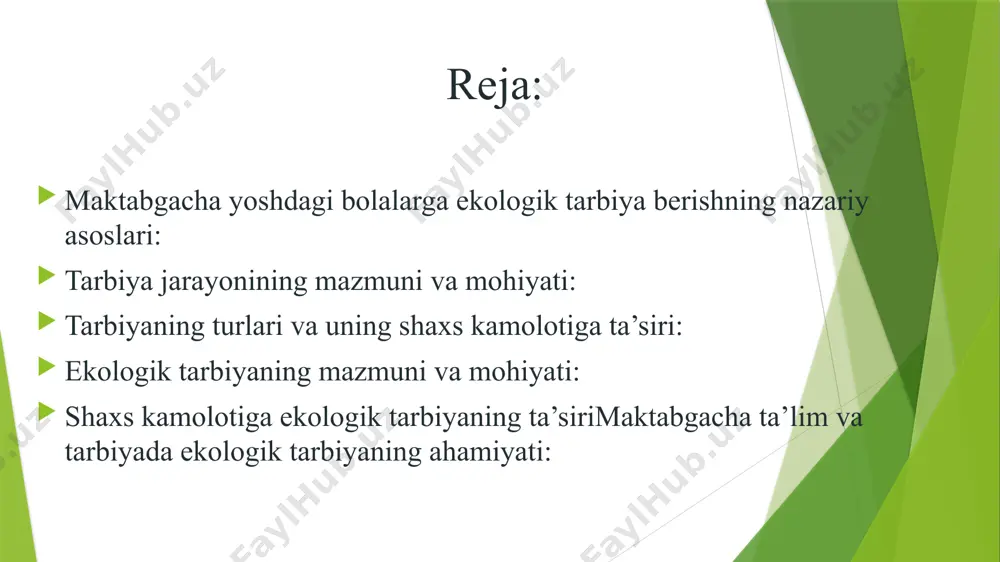 sa sifatida yondashishni talab etgan. shuning uchun ham sinfiy jamiyatda tarbiyafaqat sinfiy xususiyatga ega boʻladi va turli sinflarning tarbiyasi bir-biriga qaramaqarshi turadi degan qarash qaror topgan. holbuki, dunyo ilmi, ayniqsa, sharq tarbiyashunosligi va oʻzbek xalq ped.si tajribasi tarbiyaning sinfiy koʻrinishga ega emasligini isbot etdi. shuningdek, kommunistik mafkura tazyiki tufayli tarbiyada ijtimoiy muassasalarning oʻrniga ortiqcha baho berildi, bu jarayonda irsiy va biologik xususiyatlar deyarli xisobga olinmadi. tarbiyalanuvchi shaxsining tarbiyaga berilish yoki berilmaslik xususiyatlarining hisobga olinmasligi tarbiyaviy tadbirlarga maxliyo boʻlishdek pedagogik xatolikka olib keldi. buning natijasida tarbiya maqsadsiz boʻlib qoldi, tarbiyalanuvchilarga alohida shaxs sifatida emas, istalgan ijtimoiy yoʻnalishga solinishi mumkin boʻlgan qiyofasiz tuda, olomon tarzida qarash karor topdi, bu hol tarbiyaning samarasizligiga olib keldi. chunki tarbiyaning asosiy obʼyekta boʻlmish shaxs va uning oʻziga xoslik jihatlari unutilgan edi. shoʻro pedagogik tizimidagi kamchiliklarning ildizi, asosan, mana shu yondashuv tarziga borib takaladi. ekologik madaniyatning xususiyatlari ekologik madaniyatni tarbiyalash maqsadida aqliy tarbiya: bilim, ilm, malaka, ko’nikma; …