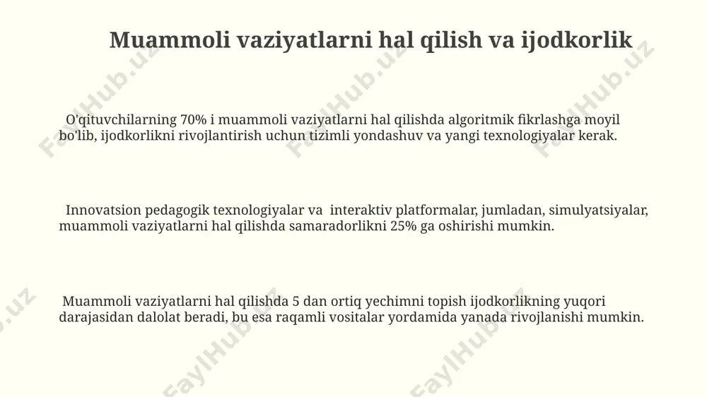 i pedagogik texnologiyalarni ishlab chiqish va qo’llash samaradorligi 20% ga oshdi. onlayn hamkorlik platformalari orqali o’tkazilgan 5 ta treningdan so’ng, o’qituvchilarning ijodkorlik darajasi 15 ballga o’sdi, bu esa innovatsion ta’lim usullarini qo’llashga olib keldi. raqamli resurslardan samarali foydalanish raqamli resurslar, masalan, onlayn kutubxonalar va ma'lumot bazalari, o'qituvchilarning 70% gacha kreativ fikrlashini 20% ga oshirishi mumkin, chunki bu ularga turli xil manbalardan tezkor ma'lumot olish imkoniyatini beradi. virtual haqiqat (vr) va kengaytirilgan haqiqat (ar) texnologiyalaridan foydalanish o'qituvchilarga 3d modellashtirish, simulyatsiyalar va interaktiv o'yinlar orqali 30% ga ko'proq talabalarni jalb qilish imkonini beradi. interaktiv o'quv platformalaridan foydalanish, 50 dan ortiq talaba bilan ishlashda, o'qituvchilarning individual yondashuvini 15% ga yaxshilashga va ularning didaktik mahoratini rivojlantirishga yordam beradi. ijodiy fikrlashni shakllantirish usullari "dizayn fikrlash" metodologiyasi muammolarni 5 bosqichda (empatiya, ta’rif, ideatsiya, prototiplash, sinov) hal qilishga va noyob yechimlarni topishga yordam beradi. ijodiy fikrlashni rivojlantirishda “brainstorming” usuli samarali bo‘lib, 5-7 kishidan iborat guruhlarda 20-30 daqiqa …