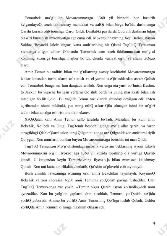 amirlarni tiyib qo`ygan. xon amirlarni bundan buyon movarounnaxrga borishlarini man qildi. tug`luq temurxon mo`g`ulistondagi nisozlik va ayrim beklarning isyoni tufayli movarounnaxrni o`g`li ilyosxo`jaga 1360 yil kuzida topshirib o`z yurtiga qaytib ketadi. u ketgandan keyin temurbekning ilyosxo`ja bilan murosasi kelishmay qoladi. xon uni katta amirlikdan chetlatib, qo`shin to`plovchi etib tayinlaydi. bosh amirlik lavozimiga o`zining eski amiri bekchikni tayinlaydi. keyinroq bekchik va xon chorasini topib amir temurni yo`qotish payiga tushadilar. ular tug`luq temurxonga xat yozib, «temur bizga qarshi isyon ko`tardi»,-deb nom ayozadilar. xon bu yolg`on gaplarni chin xisoblab, temurni yo`qotish xaqida yorliq yuboradi. ammo bu yorliq amir temurning qo`liga tushib qoladi. ushbu yorliqda amir temurni o`limga maxkum etilgan edi. shundan keyin amir temur birmuncha vaqt xorazm va turkmaniston cho`llarida jon saqlaydi. 1362 yili amir xusayn bilan birgalikda tevarak atrofda yurgan ba`zi amirlarni xam to`plab, mo`g`ullarga qarshi kurashni davom ettirdi. ittifoqchilar-temurbek va amir xusayn abu said va mingli bug`a bosh bo`lgan uch minglik …