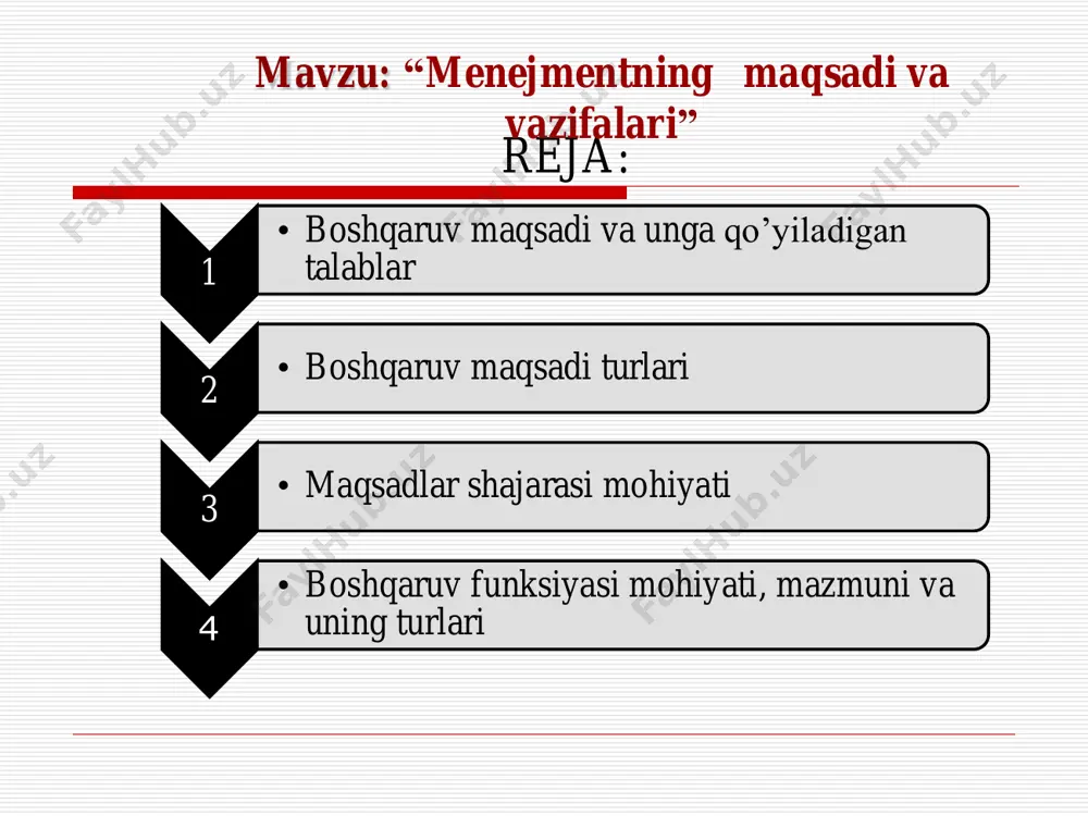 садлар қўйилган бўлиши мумкин. мақсадларни белгилашга жорий мақсадлар нуқтаи назаридан ѐндошув, яъни хар бир бўлинма мақсадлари, уларни бажариш муддатлари, аниқ ижрочилар, аниқ мақсадли тадбирлар, ресурслар манбалари, белгиланган тадбирлар бажарилишининг асослаб берилиши барча бўғинлар ва даражаларда бошқариш ишончлилигини ошириш учун кафолат беради, бутун бошқариш аппарати харакатларининг пухта бўлишини белгилайди. истиқболдаги (перспектив) мақсадлар деганда беш йиллик ѐки ундан кўпроқ давр мобайнида амалга ошириладиган мақсадлар тушунилади. масалан, республикамизда ишлаб чиқилган ―кадрларни тайѐрлаш миллий дастури‖ни рўѐбга чиқаришдек улуғвор мақсад қўйидаги уч босқичдаги муддатни ўз ичига олади: • 1997-2001 – мавжуд кадрлар тайѐрлаш тизимининг ижобий салохиятини сақлаб қолиш асосида ушбу тизимни ислох ўилиш ва ривожлантириш учун хуқуқий кадрлар жихатдан, илмий-услубий, молиявий-моддий шарт-шароитлар яратиш. • 2001-2005 – миллий дастурни тўлиқ рўѐбга чиқариш, мехнат бозорининг ривожланиши ва реал ижтимоий-иқтисодий шароитларни хисобга олган холда унга аниқликлар киритиш. • 2005 ва ундан кейинги йиллар - тўпланган тажрибани тахлил қилиш ва умумлаштириш асосида мамлакатни ижтимоий-иқтисодий ривожлантириш истиқболларига мувофиқ кадрлар тайѐрлаш …