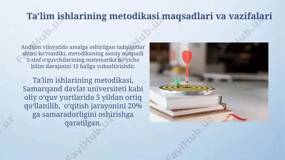 o'quv dasturlarini samarqanddagi maktablarda qo'llash orqali, o'quv jarayonini 20% ga tezlashtiradi va o'quvchilarning bilim darajasini oshirishi mumkin. ta'lim jarayonini takomillashtirish samarqand viloyatidagi 10 ta umumta’lim maktabida qo’llanilgan yangi pedagogik texnologiyalar natijasida o’qituvchilarning malakasini oshirishga va 20% ga samaradorligini yaxshilashga erishildi. “ta’lim jarayonini takomillashtirish” strategiyasi doirasida 3 yil ichida andijon viloyatida 200 dan ortiq o’qituvchi uchun innovatsion uslubiy qo’llanmalar yaratish va ularni amaliyotga tatbiq etish rejalashtirilgan. ta'lim sifatini nazorat qilish va baholash ta'lim sifatini nazorat qilish va baholash jarayonida 2023-yilda toshkent shahridagi 5 ta maktabda o'quvchilarning bilim darajasini aniqlash uchun 3 bosqichli test sinovlari o'tkazildi. andijon shahrida 1000 nafar o'quvchidan iborat namunaviy guruhda o'tkazilgan tadqiqotlar natijasida, yangi ta'lim texnologiyalarining qo'llanilishi o'quvchilarning akademik ko'rsatkichlariga 15% ijobiy ta'sir ko'rsatganligi aniqlandi. o'quv rejalari va dasturlarining samaradorligini oshirish андижон вилоятидаги 10 та қишлоқ мактабида ўтказилган тадқиқотлар, янги ўқув дастурларининг таъсири натижасида ўқишга бўлган қизиқишни 20% га оширганини кўрсатди. самарқанддаги педагогика университети томонидан ўтказилган таҳлиллар, интерактив …