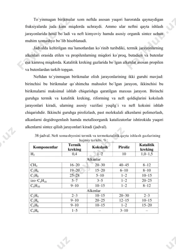 itda -gazlar. c5-c16 tarkibli alkenlar - suyuqliklar, yuqori molekulali alkenlar qattiq moddalardir. past molekulali alkenlarning ba`zi bir xossalari 39 jadvalda keltirilgan. kritik haroratning ko`rsatkichlaridan ko`rinib turibdiki, etilenni past harorat va yuqori bosim ostidagina suyuqlikka aylantirish mumkin, boshqa alkenlarni suyuqlikka aylantirish uchun yuqori harorat ta`sir etib suv bilan sovutib turish kerak. sanoat miqiyosida neftni qayta ishlash jarayonlarida alkenlar- alkanlar bilan aralashma tarzida hosil bo`ladi. ularning xossalari sezilarli darajada farq qiladi, bu esa aralashmalarni ajratishda hamda individual moddalarni ajratib olishda qo`llaniladi. normal tuzilishli 1-alkenlar tegishli alkanlarga qaraganda pastroq qaynash hamda suyuqlanish haroratiga va yuqoriroq zichlik hamda sindirish ko`rsatkichiga ega. bu pentan va 1-penten misolida 40- jadvalda ifodalangan. tarmoqlangan alkenlar boshqa izomerlarga qaraganda yuqoriroq qaynash hamda suyuqlanish haroratiga va yuqoriroq zichlikka egadirlar. alkenlarning sis- izomerlari trans-izomerlariga qaraganda yuqoriroq harorat bilan xarakterlanadi. atsetilen odatdagi sharoitda gaz; –83,8 0c, 0,1 mpa da kondensatsiyalanadi; kritik harorati 35,5 0c; kritik bosimi 6,2 mpa. boshqa gaz holdagi uglevodorodlar …