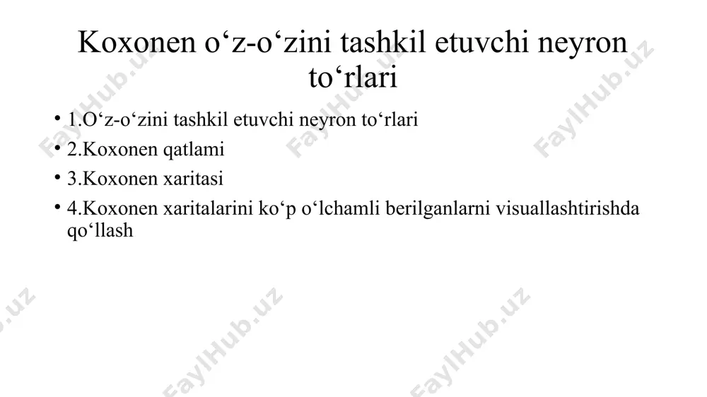 ini tashkil etuvchi neyron to‘rlari har qanday raqobatdosh neyron kirish ma'lumotlari va vazn vektori o'rtasida o'xshashlik o'lchovi hisoblaydi. odatda, o'xshashlikni o'lchash uchun evklid masofasidan yoki farqning absolyut qiymati ishlatiladi: koxonen o‘z-o‘zini tashkil etuvchi neyron to‘rlari koxonen o‘z-o‘zini tashkil etuvchi neyron to‘rlari o'z-o'zini tashkil qiluvchi xarita o'zining arxitekturasi va algoritmik xususiyatlari bilan odatdagi neyron tarmoqlaridan farq qiladi. birinchidan, uning tuzilishi bir qator qatlamlar o'rniga neyronlarning bir qatlamli chiziqli 2d ko’rinishidan iborat. ushbu tarmoqdagi barcha tugunlar to'g'ridan-to'g'ri kirish vektoriga ulanadi, lekin bir-biriga emas, ya'ni tugunlar o'z qo'shnilarining qiymatlarini bilmaydi va faqat berilgan kirishlar funktsiyasi sifatida ulanishlarining og'irligini yangilaydi. koxonen o‘z-o‘zini tashkil etuvchi neyron to‘rlari to'rning o'zi har bir iteratsiyada kirish ma'lumotlarini kiritish funktsiyasi sifatida o'zini tashkil etadigan xaritadir. shunday qilib, klasterlashgandan so'ng, har bir tugun o'zining (i,j) koordinatasiga ega bo'lib, bu pifagor teoremasi yordamida 2 tugun orasidagi evklid masofasini hisoblash imkonini beradi. koxonen o‘z-o‘zini tashkil etuvchi neyron to‘rlari to'rning o'zi har bir …