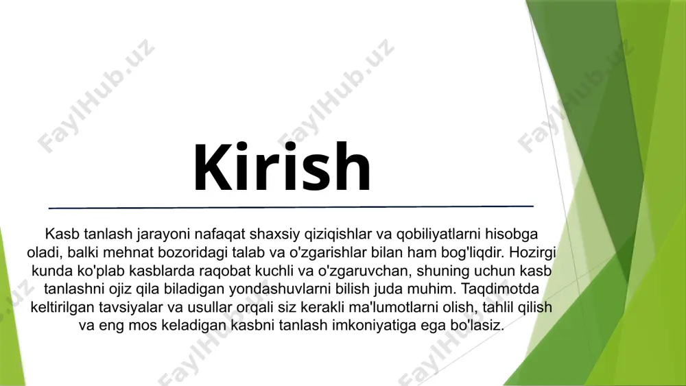 ol o'ynaydi. o'quv dasturlari o'quv dasturlariga muvofiq ravishda, kasb tanlashda ta'lim va malaka oshirish muhimdir. turli-tuman kurslar va dasturlar yordamida qobiliyatlarni rivojlantirish, kasbiy ma'lumotni kengaytirish imkoniyati mavjud. bu jarayon shaxsning kasbga tayyorgarligini oshirishga xizmat qiladi. xulosa kasb tanlash jarayoni nafaqat shaxsiy qoniqishni oshirish, balki shaxsning umuman hayot sifatini yaxshilashga ham hissa qo'shadi. to'g'ri kasb tanlash, kelajakdagi iqtisodiy barqarorlik, o'z-o'zini rivojlantirish va professional o'sish uchun zaruriy omil hisoblanadi. buning natijasida, motivatsiya yuqori bo'ladi va shaxs o'z kasbida muvaffaqiyatga erishish imkoniyatini kuchaytiradi. ushbu jarayonni nazorat qilish va yaxshilash uchun yetarli bilim va metodlarga ega bo'lish muhimdir. image1.jpeg image2.jpeg image3.jpeg
