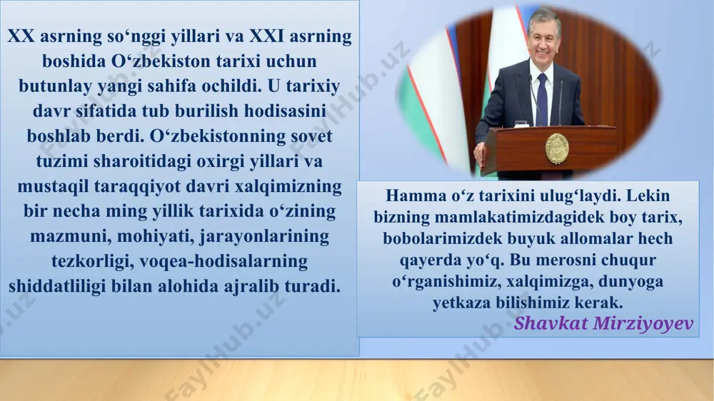 g kirib bordi. 2001-2010 - yillarni o‘z ichiga olgan ikkinchi bosqich, i.karimov ta’biri bilan aytganda, “fan demokratik yangilanishlar va mamlakatni modernizatsiya qilish davri esa iqtisodiyotimizni barqaror rivojlantirish, siyosiy hayotimizni, qonunchilik, sud huquq tizimi va ijtimoiy gumanitar sohalarni izchil isloh qilishni ta’minlashda g‘oyat muhim rol o‘ynagan davr bo‘ldi”. uchinchi bosqich esa, 2010 - yildan keyingi davr bo‘lib, bunda davlat hokimiyati va boshqaruvini demokratlashtirish, sud huquqi va axborot sohalarini isloh qilish, saylov huquqi erkinligini ta’minlash, fuqarolik institutlarini rivojlantirish, bozor islohotlarini va iqtisodiyotni liberallashtirishni yanada chuqurlashtirish davri bo‘lib qoldi. 2017-yildan keyingi davrni ham alohida jarayon sifatida qabul qilish mumkinki, bu davr tarixi 2016-dekabr oyida saylangan o‘zbekiston prezidenti sh. m. mirziyoyev strategik taraqqiyotga asoslangan keng ko‘lamli jadal islohotlar davri boshlanganligi bilan izohlash mumkin. o’zbekistonni yangi tarixini o’rganish jarayonida talaba tarixiy bilim tasavvur va tushuncha, mustaqil fikrlash qadriyatlarga sodiqlik “o’zbekistonning eng yangi tarixi” o’quv faninig predmeti o'zbekistonning eng yangi tarixi to’g’risidagi bilimlar talabalarda mamlakatimizni mustaqillik …