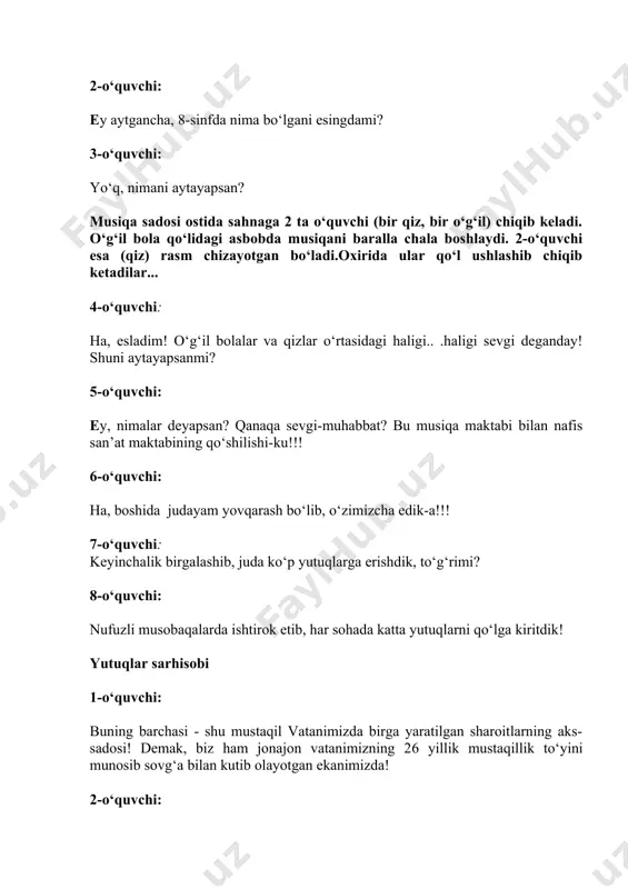 mumkin, chinor meva bermaydi-ku! ustoz, biz, shogirdlarining ota-onasi bo‘lmasa-da, bilim shirasidan bol yig‘ib, meva hosil etuvchi zotdir 6-o‘quvchi: ustoz-bilim chashmasi! dillar uning zilol, pokiza qalbidan bahra oladi. sahnaga bir ko‘za suv olib chiqiladi va chinorga suv quyidi. ko‘zani uning yoniga qo ‘yiladi. 7-o‘quvchi: sahnada "tun" kompozitsiyasi (qora matoga oy, yulduzlar aksi tushirilgan) chinor ostidan yuqori ko ‘tariladi. ustoz-qorong‘u tunimizni yorituvchi oy! tunda ham ilm ko‘zi bilan yo‘limizni nurafshon etadi ! tundagi yulduz bu uning mehr daryosidagi billur shodasi! eh, qanday ulug‘, qanday mo‘tabar!!! 8-o‘quvchi: sahnadagi "kun" kompozitsiyasi (oq matoga quyosh tushirilgan) chinor ostidan yuqori ko ‘tariladi. ustoz-bamisoli quyosh! biz ulardan ziyo olib, hayot mash’alasini yoqamiz! uning kamalakrang jilosidan umrimizning tabiatini bezaymiz! eh, shundayin jilo, shundayin fido!!! 9-o‘quvchi: ustoz- bizga otalarcha yo‘l ko‘rsatib, yo‘l-yo‘riq ko‘rsatadilar. yosh qalblarni tarbiyalab, baland parvozlarga shaylaydilar! shu payt o ‘quvchilar chinorning ostidan kabutar uchiradilar. 10-o‘quvchi: quyidagi satrlar barcha-barcha ustozlarimizga mehr-ehtirom ifodasi bo‘lsin! barcha o ‘quvchilar birgalikda …