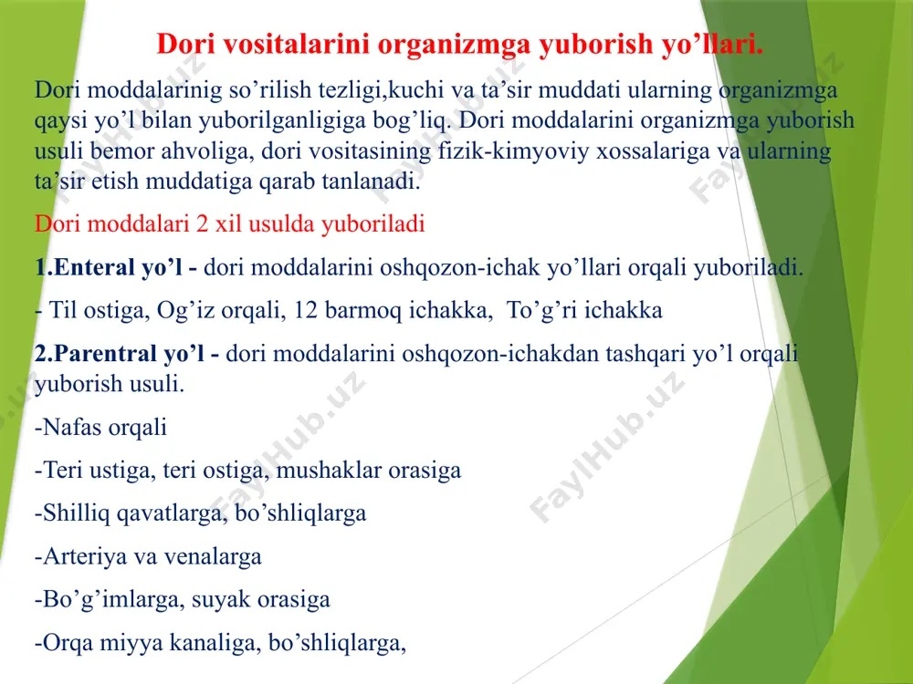 -ichak sitemasiga tushib, murakkab bialogik membranani hosil qilib bir yoki bir necha qavat hujayralar orqali qon yoki limfaga o’tishi –so’rilish deyiladi. so’rilish jarayoni -sust diffuziyalanish -oson diffuziyalanish -filtratsiya -faol transport -pinotsitoz. sust diffuziyalanish- asosan lipofil mjddalar yani qutublanmaydigan moddalar so’riladi. hujayra membranasi orqali dori moddalarining so’rilishida dorining konsentratsiyasi hal qiladi, ular konsentratsiya ko’p tomondan koam tomonga qarab yo’naladi. sust diffuziyalanish jarayoni quvvat talab qilmaydi, moddalar konsentratsiya gradient tomon yo’nalib ko’p joydan kam tomonga yoki kam joydan yo’q tomonga so’riladi. yangi tug’ulgan chaqaloqlarda oshqozon-ichak sistemasi shilliq qavatlari mayinligi va qon tomirlar bilan yaxshi taminlanganligi sababli sust diffuziyalanish jarayoni tezroq o’tadi. osson diffuziyalanish- bunda dori vositasi hujayra membranasining alohida tarkibi bilan birlashadi, shu tufayli hujayraga o’tishi tezlashadi. filtratsiya- dori moddalari hijayra membranaq oralig’idan filtrlanib o’tadi. membrana oralig’i ( 0.4mm) ular orasidan suv, ionlar va mayda gidrofil molekelalar o’tadi. faol transport- moddalar konsentratsiya gradientiga teskari kamdan, ko’p tomonga yo’nalgan bo’ladi. bunda energiya sarfi …
