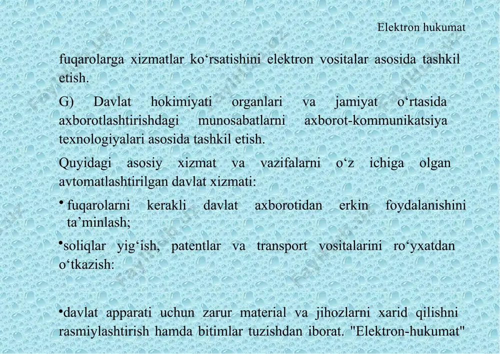 uvofiqligini ta’minlash; murojaatini ta’minlash; - lumotlarga murojaatlarni me’yorlashtirish; -ma’lumot tizimini rivojlantirish va elektron kommunikatsiyani davlat xizmat ko‘rsatish jarayonlariga tatbiq etish; elektron hukumat iqtisodiy boshqarish sub’ekti sifatida “electron hukumat”ning vazifasi:. - asoyeiy milliy iqtisodiy rivojla- nish yo‘nalishlari, prioritetlari va maqsadini aniq- lash; - hukumat qonunchilik, me’yo- riy - huquqiy bazalariga asoslanib, iqtisodiyot sub’ektlari uchun faoliyat qoidalarini belgilaydi, faoliyat doirasi huquqlarini aniqlaydi; - jamiyatning yashash sharoi- tini ijtimoiy- iktisodiy jihatdan mo‘‘tadilligini ta’minlash va salbiy okibatlarga olib kelishini bar- taraf etish, takomillashuv jarayonlarini rivojlan- tirish maqsadida resurslarni taqsimlash; - hukumat tomonidan ijtimoiy-iqti- sodiy munosabatlarni muvofiqlashtirish, foydani taqsimlash, ijtimoiy himoya, ijtimoiy huquq va ka- folatni ta’minlash; elektron hukumat - iqgi- sodning davlat sektorini muvofiqlaiggirish, ijtimoiy jamiyat mahsuletlari va xizmatlarini yaratish; - faoliyat yurituvchi xo‘jalik sub’ektlariga samarali ta’sir ko‘rsatish va jamiyat yunalishlari uchun ma’qul bo‘lgan iqtisodiy jarayon- larni rag‘batlantirish; nazorat qiluvchi — davlat nazorati va qonunlar, me’yoriy-huquqiy hujjatlar, belgilangan iqtisodiy, ekologik va ijtimoiy stakdartlar ijrosini …