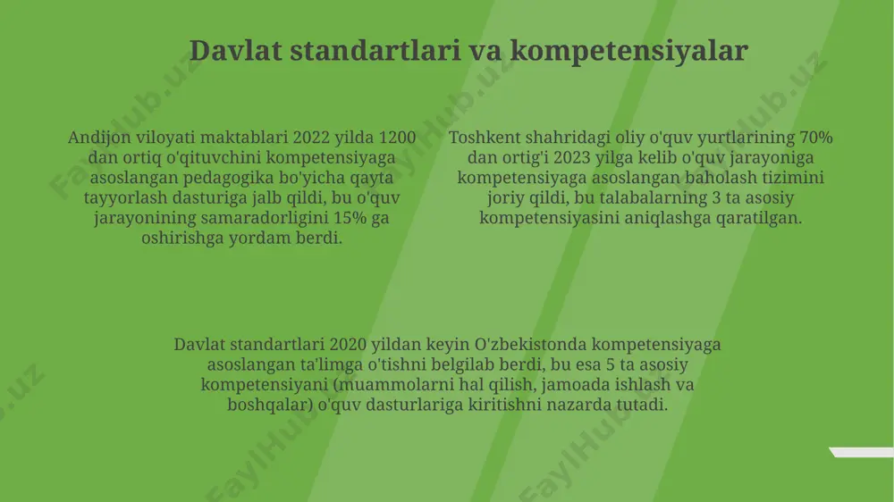 сини баҳолаш учун портфолио, тест ва эсселардан фойдаланиш амалиёти кузатилган. андижондаги педагогика коллежида ўргатилаётган 4 та баҳолаш усули (кузатиш, тест, лойиҳа, мулоқот) ўқувчиларнинг турли кўникма ва билимларини баҳолаш имкониятини яратади, бироқ уларнинг самарадорлигига доир маълумотлар етишмовчилик қилади. сурхондарё вилоятидаги 10 та мактабда ўтказилган тадқиқот кўрсатдики, 70% ўқитувчилар баҳолашда асосан ёзма ишлардан (эссе, реферат) фойдаланадилар, бу эса баҳолашнинг турли жиҳатларини камроқ қамраб олишига олиб келади. kompetensiyaga asoslangan o'qitishni takomillashtirish kompetensiyaga asoslangan o'qitishni samaradorligini oshirish uchun 2023-yilda o'zbekistonning 5 ta oliygohida 300 dan ortiq o'qituvchilar uchun malaka oshirish kurslari o'tkazildi. andijon viloyatida 2024-yilda amalga oshirilayotgan loyiha doirasida 15 ta maktabda kompetensiyaga asoslangan ta'limni qo'llash orqali o'quvchilarning 70% faol o'rganishga jalb qilindi. kompetensiyalarni baholashda xalqaro standartlarga, masalan, ects kredit tizimiga muvofiq 4 bosqichli baholash tizimini joriy etish natijasida talabalarning 85% o'z kompetensiyalarini yaxshilashdi. turli ta'lim muassasalaridagi qo'llanilishi samarqand viloyatining 7 ta umumta'lim maktabida kompetensiyaga asoslangan yondashuv 2022 yilda joriy etildi, bu 1000 dan …