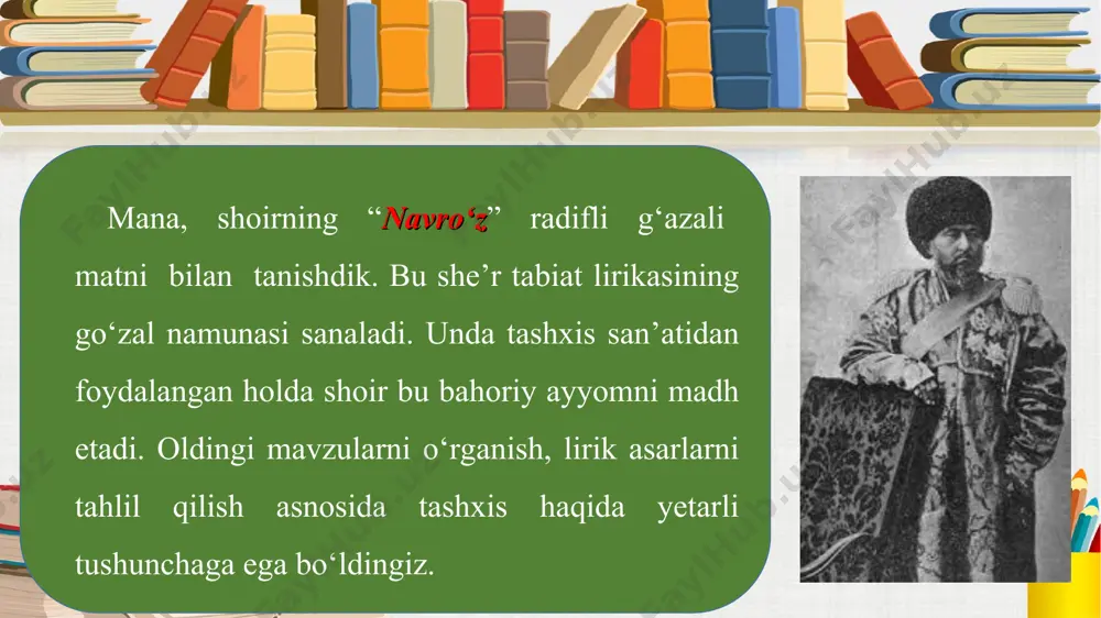 darajada notavon bo‘lib qolganmi? davlat ishlaridan ketgach, ogahiyning moddiy ahvoli oldingiday bo‘lmaganligi tabiiy. lekin uning g‘azalda aytilganiday qashshoq, nota vonligi bu shoirona mubolag‘adir. shu o‘rinda lirik qahramon tushuncha- siga to‘xtalib o‘tamiz. ba’zan lirik qahramon shoirning o‘zi bo‘ladi. masalan, boburning hasbi hol xarakteridagi she’rlarida bo‘lgani kabi. lekin ko‘p hollarda lirik qahramon shoirning o‘zi bo‘lmay, balki kechinmalari, ruhiy holati tasavvur qilinib, shoirning “men” orqali tasvirlanayotgan ijodkor fantaziyasidagi qahramon bo‘ladi. ushbu she’rdagi nochor ahvoldagi lirik qahramon ham ogahiyning o‘zi bo‘lmay, jamiyatdagi kambag‘alligi tufayli hamdardlikka loyiq bo‘lgan odamlardir. birinchisi, mubolag‘a bilan o‘z holini bayon etib, xondan yordam olish bo‘lsa, ikkinchisi, xonning e’tiborini jamiyatdagi nochor qatlamga qaratish, ularga ko‘mak berishni uyushtirish. shoyad o‘zgalardek ogahiy va ogahiydek o‘zgalar tarabnok (xursand) bo‘lsa. shu o‘rinda ham shoirning ijoddagi o‘ziga xosligi, betakrorligi ko‘rinib turibdi. bunday tasvirdan shoir ikki maqsadni ko‘zlagan bo‘lishi mumkin. ilohi, har kuning navro‘z bo‘lsun, hamisha tole’ying feruz bo‘lsun. bo‘lub ayyomi navro‘zing muborak, zamiring inbisot anduz bo‘lsun. …