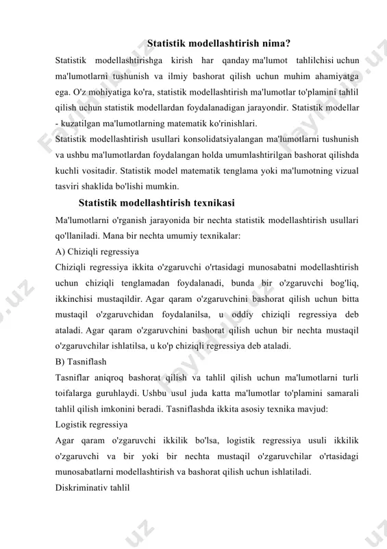 bo'linadi. ajratish qoidalari to'plamini daraxtda umumlashtirish mumkin, unga qaror daraxti usuli deb nom berish mumkin. bu regressiya va tasniflash muammolari uchun ham ishlatilishi mumkin. bagging, boosting va tasodifiy o'rmon algoritmi bu usulda qo'llaniladigan ba'zi yondashuvlardir. f) nazoratsiz ta’lim nazoratsiz o'rganish ma'lumotlardagi naqshni aniqlash algoritmiga tayanadi. bu erda ma'lumotlar toifalari ma'lum emas. masalan, klasterlashda bir-biriga chambarchas bog'liq bo'lgan narsalar guruhlanadi, bu esa nazoratsiz o'rganish usuliga aylanadi. g) vaqt qatori ushbu prognozlash modeli tarixiy qadriyatlarga asoslangan kelajakdagi qiymatlarni bashorat qilish uchun ishlatilishi mumkin. u ma'lumotlar bilan ifodalangan hodisani aniqlash uchun ishlatiladi va keyin kelajak uchun bashorat qilish uchun boshqa ma'lumotlar bilan birlashtiriladi. h) neyron tarmoqlari inson miyasida modellashtirilgan bu algoritmlar ma'lumotlardagi naqshlarni aniqlash uchun mo'ljallangan. neyron tarmoqlarda neyronlar deb ataladigan ma'lumotlarni qayta ishlaydigan chiziqli bo'lmagan elementlar mavjud. ular qatlamlarda joylashtirilgan va odatda parallel ravishda bajariladi. neyron tarmoqlar bashorat qilish va tasniflash uchun tobora ko'proq foydalanilmoqda, chunki ular taxminlar va model tuzilishiga minimal …