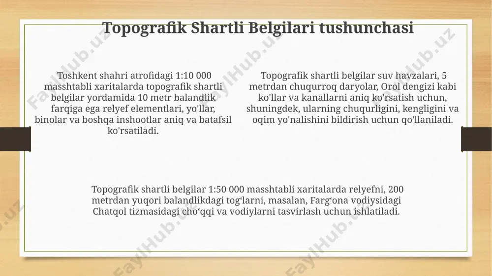 rsatilgan bo'lib, bu toshkent shahri atrofidagi relyefni batafsil aks ettirish imkonini beradi, vertikal o'lchov esa 10 marta kattalashtirilgan. vertikal o'lchovlarning aniqligi, masalan, farg'ona vodiysidagi balandliklarni aniqlashda muhim ahamiyatga ega bo'lib, 5 metrli izoliniyalar bilan ifodalanadi. e'tiboringiz uchun rahmat @taqdimot_robot image3.png image4.png