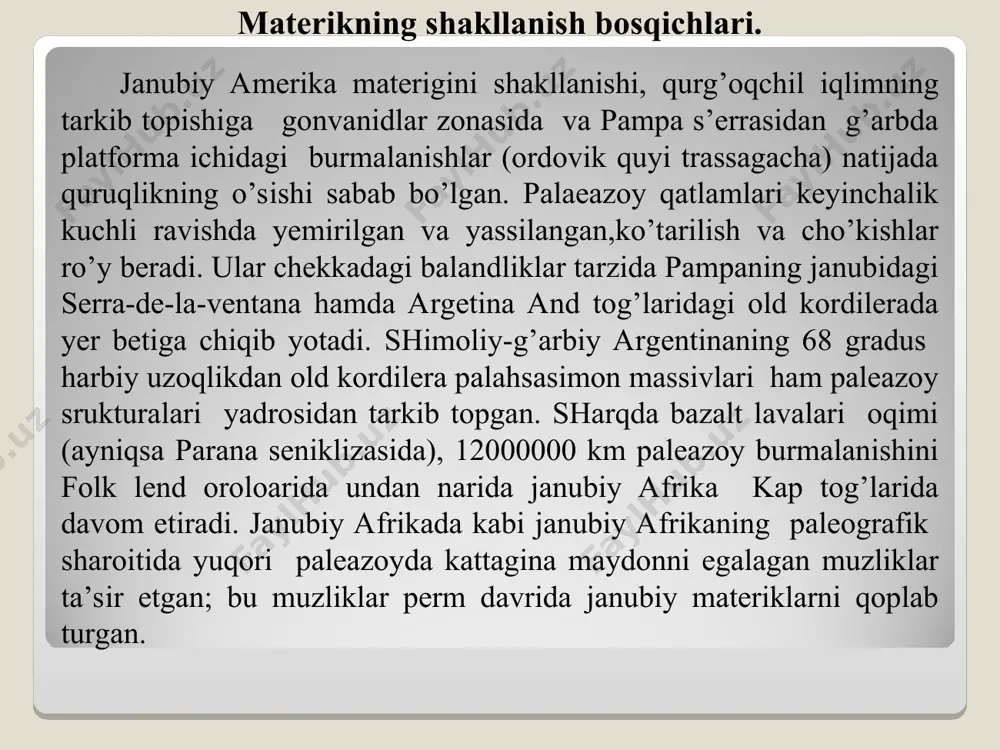 il’erasi tog’lari vujudga kelgan.bu harakatlar, chunonchi, pliotsen harakatlari natijasida markaziy and sharqiy tog’ tizmlarining qadimgi strukturalari ham ko’tarilgan va ularni sharq tomondan o’rab turuvchi and yoni kordil’era tog’lari burmalari, shuningdek kolumbiyaning qirg’oq tizmalari tashkil topgan. kuchli ro’y bergan yosh tektonik harakatlar ilgari vujudga kelgan strukturalarda yoriqlar hosil qilgan, ko’tarilib yoki cho’kib qolgan joylar hamda bukilmalar paydo bo’lishiga olib kelgan va vulqonlar harakatini jonlantirib yuborgan; bu vulqonlar xozirgi vaqtda ham aktiv harakatdadir. vulqonlar ko’pincha g’arbiy tog’ kamaridagi yoriqlarda joylashgan bo’lib, uch asosiy oblastda; kolumbiya va ekvator and tog’lari janubida ( 6 daraja shimoliy kenglik bilan 2 daraja janubiy kenglik orasida), markaziy and tog’larida ( 15 daraja 30 janubiy kenglik bilan 29 janubiy kengliklar orasida) va janubiy and tog’larida 39 janubiy kenglikdan 45 kenglikkacha bo’lgan masofada to’plangan. vulqonlar faoliyati natijasida ko’pdan ko’p vulqon konuslari va ko’p miqdordagi vulqon mahsulotlari cho’kmalarni to’ldirib, tog’ oralig’idagi platolar yuzasini tekislagan. pleystotsen epoxasiga kelib, and tog’lari, garchi …