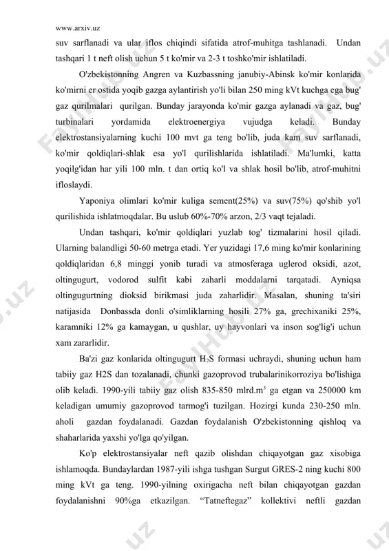 b keladi. 1990-yili tabiiy gaz olish 835-850 mlrd.m3 ga etgan va 250000 km keladigan umumiy gazoprovod tarmog'i tuzilgan. hozirgi kunda 230-250 mln. aholi gazdan foydalanadi. gazdan foydalanish o'zbekistonning qishloq va shaharlarida yaxshi yo'lga qo'yilgan. ko'p elektrostansiyalar neft qazib olishdan chiqayotgan gaz xisobiga ishlamoqda. bundaylardan 1987-yili ishga tushgan surgut gres-2 ning kuchi 800 ming kvt ga teng. 1990-yilning oxirigacha neft bilan chiqayotgan gazdan foydalanishni 90%ga etkazilgan. “tatneftegaz” kollektivi neftli gazdan foydalanishni 95,5%ga etkaziladi. undan tashqari qarg'ada havzasidagi 12 ta shaxtadan bir sistema tuzilsa, har yili 168 mln. m3 gaz omboriga yig'iladi, 200 ming tsh.yo. energiya tejaladi va umumiy tuzilgan sistema uchun tuzilgan sistema uchun ketgan xarajat 1,5-2 yilda qoplashi rejalashtirilgan edi. mgd-magnitogidrodinamik elektrostansiya. hozirgi vaqtdagi elektr toki asosan organik moddalardan kelib chiqadigan issiqlik hisobiga (ko'mir, neft, gaz) hosil bo'ladi. hattoki eng takomillashgan gyeskpd lar ham faqat 40% atrofida elektr energiyasini beradi, xolos. issiqlik energiyasining 2/3 qismi tabiat, havo, tuproq, suvni ifloslamoqda, …