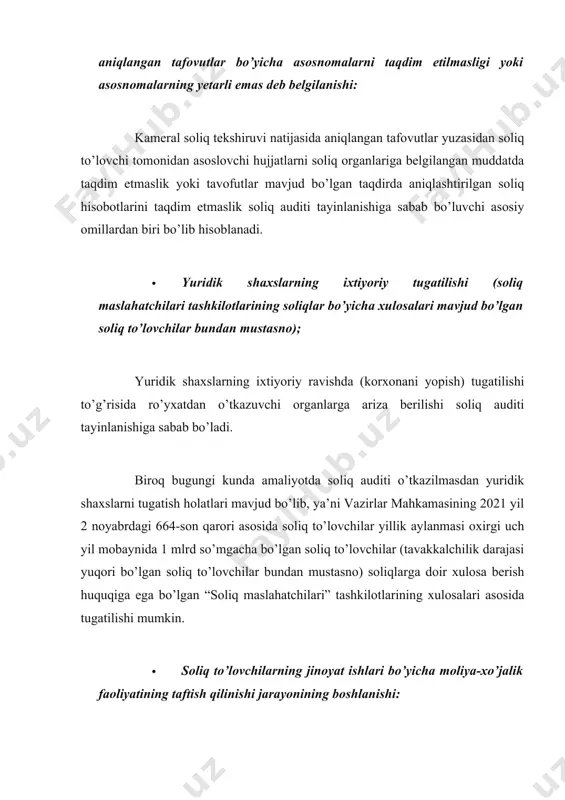 kunalar bilan ta’minlanmaganligi, ishlarni bajarish uchun soliq hisobotlarida zarur xarajatlarning aks etmasligi, bitta ob’ektda qurilish ishlarini olib boruvchi shaxslarning o’zaro bog’liqligi, qurilish ishlarini amalga oshiruvchi yangi tashkil etilgan soliq to’lovchining bankdagi hisobvarag’iga yirik miqdordagi mablag’ kelib tushushi, xom ashyo va materiallarni sotib olish uchun ajratilgan mablag’larning qurilish hajmiga nisbatan nomutanosibligi, tugallangan qurilish ob’ektlarining tannarxiga yaqin narxlarda sotilishi, markazlashtirilgan manbalar hisobidan moliyalashtiriladigan qurilish ob’ektlarida xarajatlarning to’laqonli aks ettirilmaganligi. soliq to’lovchining soliq xavfi darajasi soliq xavfini boshqarish tizimi asosida olti oyda bir marta aniqlanadi. soliq xavfi darajasi yuqori bo’lmagan soliq to’lovchilar tomonidan o’ttiz kalendarь kundan ortiq soliq qarzdorligi to’lanmagan taqdirda soliq xavfi darajasi har chorakda bir marta aniqlanishi belgilangan. shu o’rnida tavsiya sifatida eslatib o’tamizki, bugungi kunda hech qanday soliq to’lovchi soliq xavflaridan holi emas, lekin bu degani soliq xavfi yuqori bo’lgan soliq to’lovchilarga albatta qo’shimcha soliq hisoblanadi yoki jarimalar qo’llaniladi degani emas, balki soliq xavfi yuzaga kelgan vaziyat bo’yicha tushuntirishlar va …