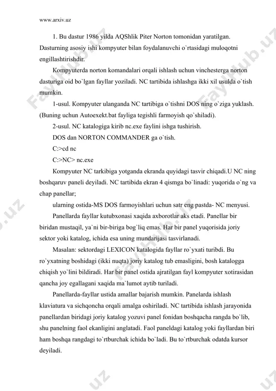 arakatlantiriladi: bosiladigan tugma kursor xarakati ß - bir satr pastga tushadi ý - bir satr yuqoriga ko`tariladi ü - o`ngdagi ustunga sakraydi þ - chapdagi ustunga sakraydi tab - bir paneldan ikkinchisiga o`tish end - ro`yxatning oxiriga tushadi home - ro`yxatning eng yuqorisiga chiqadi page up - navbatdagi saxifani ochadi page down - avvalgi saxifani qaytaradi кursorni biror faylga olib kelib, enter klavishi bosilsa ikki xodisadan biri yuz beradi: 1. agar kursor turgan fayl bajariluvchi fayl bo`lsa, u ishga tushadi. 2. кursor matniy faylda turgan bo`lsa xech nima ro`y bermaydi. bizga ma`lumki bajariluvchi dastur-fayllar odatda exe, com, bat kabi kengaytmalar bilan belgilanadi. demak, shunday kengaytmali fayllar kursor yordamida faollashtariladi va u ishga tushib ketishi mumkin. umuman dastur-fayllar bir-necha yo`sinda ishga tushiriladi. nc tartibda:-kursor shu fayl ustiga olib kelinib, enter klavishi bosiladi. dos tartibida-faylgacha yo`l va nomi klaviaturadan terilgach enter klavishi bosiladi. masalan: lexicon paketidagi fayllarga nazar tashlaylik, lex.exe - bevosita …