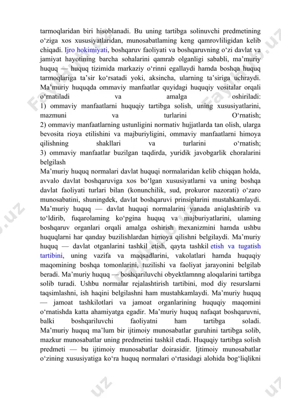 i ma’muriy huquq normalari yordamida amalga oshiriladi. ma’muriy huquq — huquq tizimining yirik, murakkab va rivojlangan tarmoqlaridan biri hisoblanadi. bu uning tartibga solinuvchi predmetining o‘ziga xos xususiyatlaridan, munosabatlaming keng qamrovliligidan kelib chiqadi. ijro hokimiyati, boshqaruv faoliyati va boshqaruvning o‘zi davlat va jamiyat hayotining barcha sohalarini qamrab olganligi sababli, ma’muriy huquq — huquq tizimida markaziy o‘rinni egallaydi hamda boshqa huquq tarmoqlariga ta’sir ko‘rsatadi yoki, aksincha, ularning ta’siriga uchraydi. ma’muriy huquqda ommaviy manfaatlar quyidagi huquqiy vositalar orqali o‘rnatiladi va amalga oshiriladi: 1) ommaviy manfaatlarni huquqiy tartibga solish, uning xususiyatlarini, mazmuni va turlarini o‘rnatish; 2) ommaviy manfaatlarning ustunligini normativ hujjatlarda tan olish, ularga bevosita rioya etilishini va majburiyligini, ommaviy manfaatlarni himoya qilishning shakllari va turlarini o‘rnatish; 3) ommaviy manfaatlar buzilgan taqdirda, yuridik javobgarlik choralarini belgilash ma’muriy huquq normalari davlat huquqi normalaridan kelib chiqqan holda, avvalo davlat boshqaruviga xos bo‘lgan xususiyatlarni va uning boshqa davlat faoliyati turlari bilan (konunchilik, sud, prokuror nazorati) o‘zaro munosabatini, …