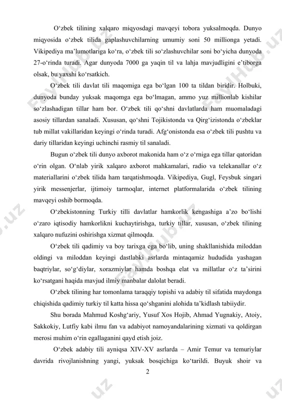 so‘zlashadi. olimlarning fikricha, bugun turkiy tillar orasida faqat oltita tilning holati barqaror deb baholangan. bular davlat tili maqomiga ega bo‘lgan o‘zbek, turk, ozarbayjon, qozoq, turkman, qirg‘iz tillaridir. o‘zbek tilining xalqaro miqyosdagi mavqeyi tobora yuksalmoqda. dunyo miqyosida o‘zbek tilida gaplashuvchilarning umumiy soni 50 millionga yetadi. vikipediya ma’lumotlariga ko‘ra, o‘zbek tili so‘zlashuvchilar soni bo‘yicha dunyoda 27-o‘rinda turadi. agar dunyoda 7000 ga yaqin til va lahja mavjudligini e’tiborga olsak, bu yaxshi ko‘rsatkich. o‘zbek tili davlat tili maqomiga ega bo‘lgan 100 ta tildan biridir. holbuki, dunyoda bunday yuksak maqomga ega bo‘lmagan, ammo yuz millionlab kishilar so‘zlashadigan tillar ham bor. o‘zbek tili qo‘shni davlatlarda ham muomaladagi asosiy tillardan sanaladi. xususan, qo‘shni tojikistonda va qirg‘izistonda o‘zbeklar tub millat vakillaridan keyingi o‘rinda turadi. afg‘onistonda esa o‘zbek tili pushtu va dariy tillaridan keyingi uchinchi rasmiy til sanaladi. bugun o‘zbek tili dunyo axborot makonida ham o‘z o‘rniga ega tillar qatoridan o‘rin olgan. o‘nlab yirik xalqaro axborot mahkamalari, radio va …