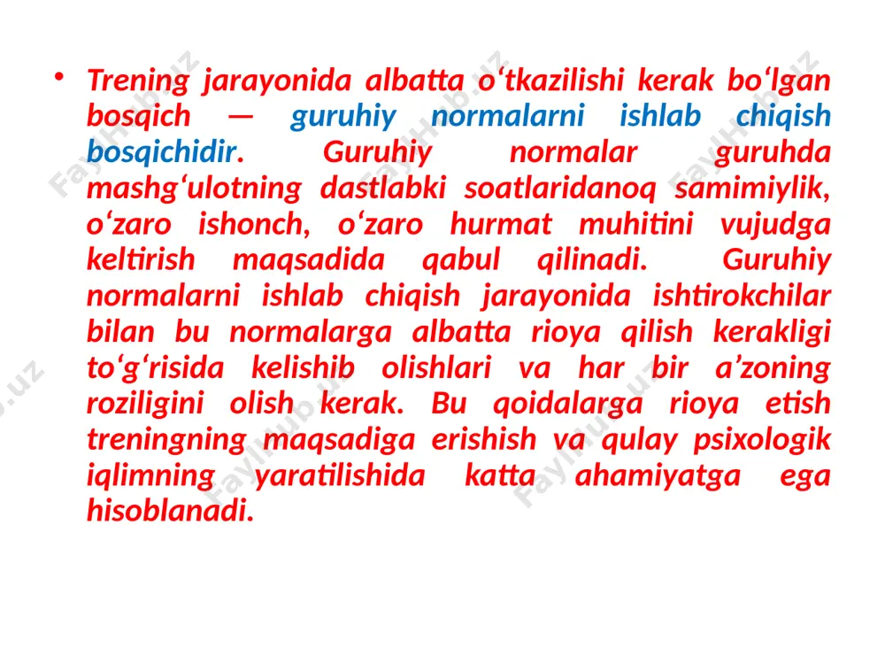 tasa, o‘shani yozadi. kartochkalarni tablichkaga o‘xshatib hamma o‘z oldiga qo‘yib qo‘yishi, oldiga yoki orqasiga ilib olishi ham mumkin. hamma birbirining kartochkasini o‘qib o‘zaro tanishadi. 3. kutishlarni aniqlash bosqichi. trening mashg‘ulotiga kelayotgan har bir ishtirokchi o‘z muammolarining hal bo‘lishini kutib kelishi sir emas. lekin guruh a’zolarining har biridan treningdan nimalar kutayotganligini so‘rash tavsiya etiladi. trener ularning trening mashg‘ulotlaridan nima natija kutishlarini aniqlab, shunga qarab o‘zining dasturiga o‘zgartirishlar kiritishi va ishlarini rejalashtirishi mumkin. kutishlarni aniqlash bosqichida guruh a’zolari aylana bo‘ylab o‘tirganlari holda o‘zlarining treningdan nima kutayotganligini, o‘zini xavotirga solayotgan holatlar yoki ularga yoqmayotgan jihatlar yuzasidan e’tirozlarini aytib chiqishlari so‘raladi. trener barcha ishtirokchilarning fikrlarini, ularga baho bermasdan, muhokama qilmasdan, hayron bo‘lmasdan, hayrixohlik bilan eshitishi va har bir ishtirokchiga o‘z kutuvini boshqalar bilan baham ko‘rgani uchun minnatdorchilik bilidirishi lozim. mana shu jarayonlar to‘liq bajarib bo‘linganidan so‘nggina guruh ishlash uchun tayyor hisoblanadi va trener asosiy mashg‘ulotlarni boshlashi mumkin. ya’ni, ishni olib borish bosqichiga o‘tish mumkin …