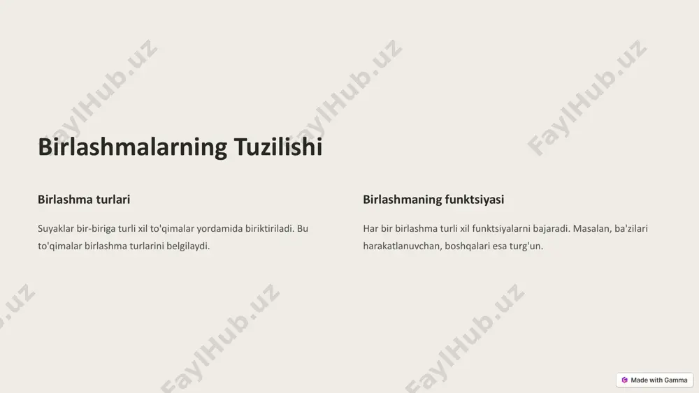 izza bo'g'imi (normal) va o'ng tomonda osteoartrit bilan zararlangan tizza bo'g'imi (anomaliyalar bilan). ushbu tasvirlardan rentgenanatomik farqlarni o'rganishingiz mumkin. agar qo'shimcha tasvirlar yoki boshqa bo'g'imlar bo'yicha kerak bo'lsa, xabar bering! https://gamma.app/?utm_source=made-with-gamma implantlar rentgenanotomiyasi implantlar singan yoki shikastlangan bo'g'imlarni almashtirish uchun ishlatiladi. https://gamma.app/?utm_source=made-with-gamma diartrozlar rentgenanotomiyasi bo'g'im bo'shlig'i suyaklar o'rtasidagi bo'shliq, suyuqlik bilan to'ldirilgan. xaftaga to'qimasi suyak uchlarini qoplaydi, shoklarni yutuvchi funktsiyani bajaradi. bog'lamlar suyaklarni bir-biriga bog'lab turadi, barqarorlikni ta'minlaydi. https://gamma.app/?utm_source=made-with-gamma simfizlar rentgenanotomiyasi 1 turg'un birlashmalar cheklangan harakat, masalan, tos suyagining birlashmasi. 2 xaftaga to'qimasi bilan biriktirilgan xaftaga to'qimasi simfizlarni bir-biriga bog'laydi. 3 rentgen tasvirlarida aniqlash simfizlar rentgen tasvirlarida aniq ko'rinadi. https://gamma.app/?utm_source=made-with-gamma fibrozlar rentgenanotomiyasi turg'un birlashmalar harakatsiz yoki minimal harakat, masalan, bosh suyagining tikuvlari. fibroz to'qima bilan biriktirilgan fibroz to'qimasi fibrozlarni bir-biriga bog'laydi. rentgen tasvirlarida aniqlash fibrozlar rentgen tasvirlarida ko'pincha chiziqli shaklda ko'rinadi. https://gamma.app/?utm_source=made-with-gamma osteosintezlar rentgenanotomiyasi 1 singan suyaklar suyakni mustahkamlash uchun ishlatiladi. 2 turli xil materiallar metall, plastmassa, va boshqalar. 3 …