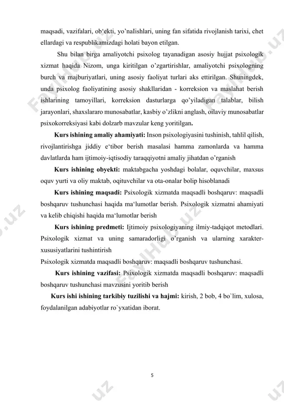 lari aks ettirilgan. shuningdek, unda psixolog faoliyatining asosiy shakllaridan - korreksion va maslahat berish ishlarining tamoyillari, korreksion dasturlarga qo’yiladigan talablar, bilish jarayonlari, shaxslararo munosabatlar, kasbiy o’zlikni anglash, oilaviy munosabatlar psixokorreksiyasi kabi dolzarb mavzular keng yoritilgan. kurs ishining amaliy ahamiyati: inson psixologiyasini tushinish, tahlil qilish, rivojlantirishga jiddiy e‘tibor berish masalasi hamma zamonlarda va hamma davlatlarda ham ijtimoiy-iqtisodiy taraqqiyotni amaliy jihatdan o’rganish kurs ishining obyekti: maktabgacha yoshdagi bolalar, oquvchilar, maxsus oquv yurti va oliy maktab, oqituvchilar va ota-onalar bolip hisoblanadi kurs ishining maqsadi: psixologik xizmatda maqsadli boshqaruv: maqsadli boshqaruv tushunchasi haqida ma‘lumotlar berish. psixologik xizmatni ahamiyati va kelib chiqishi haqida ma‘lumotlar berish kurs ishining predmeti: ijtimoiy psixologiyaning ilmiy-tadqiqot metodlari. psixologik xizmat va uning samaradorligi o’rganish va ularning xarakter-xususiyatlarini tushintirish psixologik xizmatda maqsadli boshqaruv: maqsadli boshqaruv tushunchasi. kurs ishining vazifasi: psixologik xizmatda maqsadli boshqaruv: maqsadli boshqaruv tushunchasi mavzusini yoritib berish kurs ishi ishining tarkibiy tuzilishi va hajmi: kirish, 2 bob, 4 bo`lim, xulosa, …