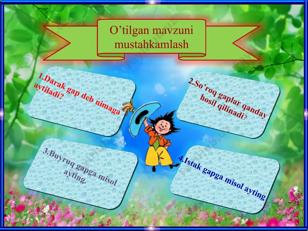 ha xalqlar tinch-totuv yashasa. 3.buyruq gap berilgan qatorni toping. a.ikkala o’rtoq varrak yasashga kirishdilar. b.bizning loyihamiz tanlovda yutib chiqsa edi. c.kimdan eshitding buni? d.kattaga hurmatda,kichikka izzatda bo’l. 7 o’quvchilarni darsdagi ishtirokiga ko’ra baholash. uyga vazifa.566-mashq. daftaringizga o’zingizning xohish-istaklaringizni yozing.yozgan gaplaringizni tahlil qiling. 4 3 5 uyga vazifa.daftaringizga o’zingizning xohish-istaklaringizni yozing.yozgan gaplaringizni tahlil qiling. image3.gif image4.png image5.jpeg image1.jpeg image6.png image7.jpeg image8.gif image9.jpeg image10.jpeg image11.jpeg image12.jpeg image13.jpeg image14.jpeg image15.png image16.jpeg image2.png