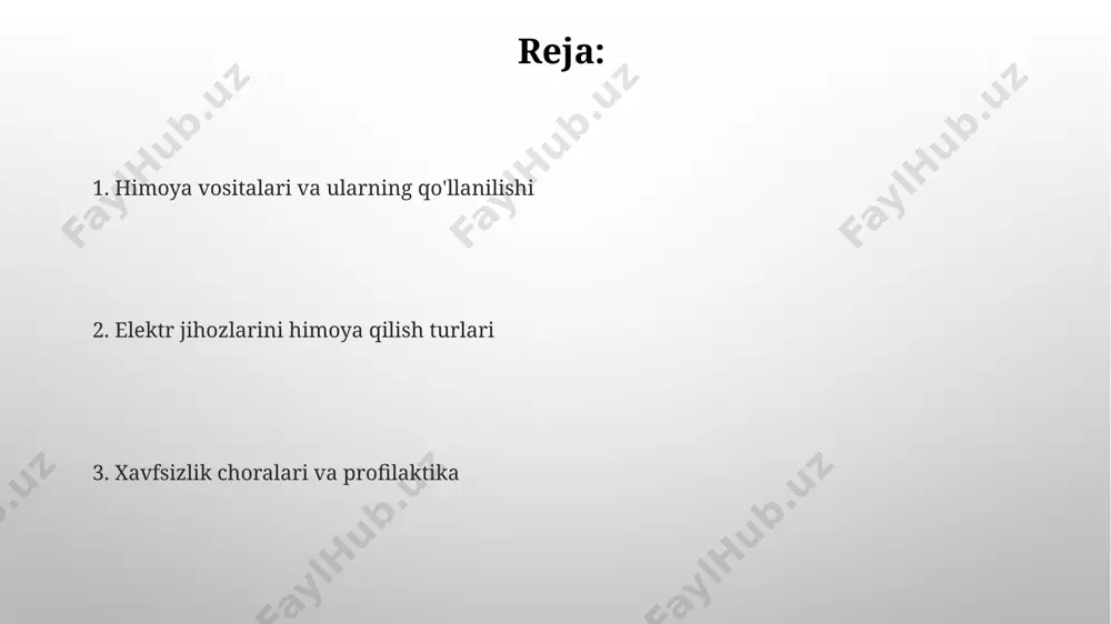 uzish orqali jihozlarni shikastlanishdan saqlaydi. voltajning o'zgarishi va impulslaridan himoya кучланишнинг 10% дан ортиқ ўзгаришини ва 1 кв дан юқори импульсларни чеклаш учун газ разрядли варисторлардан фойдаланиш самарали ҳимояни таъминлайди. юқори частотали кучланиш ўзгаришлари ва импульсларидан ҳимоя қилиш учун 10 кгц дан юқори частоталарда самарали ишлайдиган lc фильтрларини қўллаш мумкин. issiqlikdan himoya кабелларни иссиқликдан ҳимоя қилиш учун, 90°c гача бўлган ҳароратга чидамли изоляцияли махсус кабель турлари ва ҳимоя қобиқларидан фойдаланилади, бу эса ёнғин хавфини камайтиради. трансформаторларнинг иссиқликдан ҳимояси учун мойли ванналарда 60-70°c ҳароратни сақлаш мақсадида махсус вентиляция тизимлари ва салқинлатиш мосламалари қўлланилади. e'tiboringiz uchun rahmat @taqdimot_robot image3.png image4.jpg image5.jpg image6.jpg image7.jpg image8.jpg image9.jpg image10.jpg image1.png