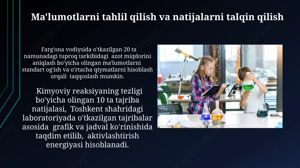 sh va taqdimot tayyorlash ҳисобот ёзишда 3 тадан кам бўлмаган манбаалардан фойдаланиш, 10-15 тадан ортиқ илмий адабиётларни таҳлил қилиш ва тошкент шаҳридаги университет кутубхоналаридан фойдаланиш самарали бўлади. тақдимотнинг 7-10 дақиқалик муддатига мослашган ҳолда, 5-7 та асосий нуқтани аниқ ва тушунарли тарзда баён этиш, слайдларга 20 тадан ортиқ сўз ёзмаслик муҳим. zamonaviy texnologiyalarni qo'llash virtual reality (vr) texnologiyalari yordamida, masalan, google expeditions ilovasi orqali, 20 dan ziyod kimyoviy laboratoriyalarni virtual ravishda o'rganish va namanganda joylashgan laboratoriyalarni uch o'lchovli tasvirlar orqali kuzatish mumkin. onlayn simulyatsiyalar, xususan, phet interactive simulations veb-saytidan 50 dan ortiq interfaol tajribalar taklif etadi, bu esa samarqanddagi talabalarga xavfsiz va arzon sharoitda kimyoviy reaksiyalarni kuzatish imkonini beradi. e'tiboringiz uchun rahmat @taqdimot_robot image1.jpg image2.jpg image3.jpg image4.jpg image5.jpg image6.jpg image7.jpg image8.jpg image9.jpg image10.jpg image11.jpg image12.jpg image13.jpg image14.jpg image15.jpg image16.jpg image17.jpg