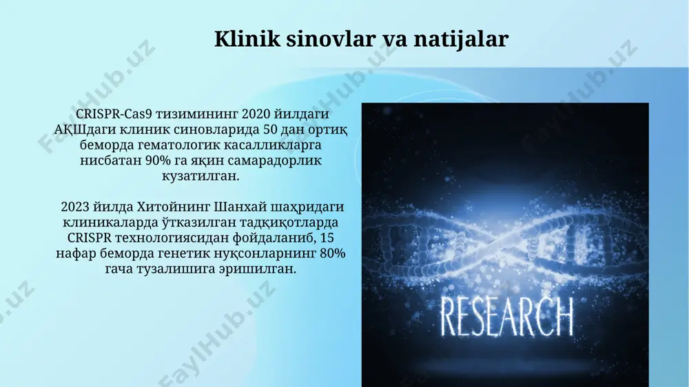 yatli natijalarga erishdilar, bu esa ushbu usulning samaradorligini ko'rsatadi. germaniyada olib borilgan tadqiqotlar shuni ko'rsatdiki, crispr texnologiyasi yordamida 30 dan ortiq turdagi irsiy kasalliklarni davolash usullari ishlab chiqilgan va 2023-yilga kelib klinik sinovlardan o'tmoqda. crisprning boshqa sohalardagi qo'llanilishi evropada 2024 yilda bioyoqilg'i ishlab chiqarishda crispr texnologiyasi qo'llanilishi natijasida 30% ga yaqin energiya samaradorligining oshishi kuzatildi, bu ekologik jihatdan toza yoqilg'i manbalarini yaratishga yordam beradi. crispr texnologiyasi yordamida 2023 yilda xitoyda 1000 dan ortiq turli xil o'simlik navlarining genetik modifikatsiyasi amalga oshirildi, bu esa hosildorlikni sezilarli darajada oshirdi. crisprning afzalliklari va kamchiliklari crispr texnologiyasi, masalan, saraton kasalligi kabi murakkab kasalliklarni davolashda 90% gacha samaradorlik ko'rsatgan bo'lsa-da, maqsadli bo'lmagan dnk tahrirlashi xavfi mavjud, bu esa kutilmagan genetik o'zgarishlarga olib kelishi mumkin. crisprning afzalliklaridan biri uning yuqori aniqligi va nisbatan arzonligi hisoblanadi. biroq, uning samaradorligi turli xil hujayra turlarida farq qilishi mumkin, masalan, immunitet hujayralarida samaradorlik pastroq bo'lishi mumkin. gen terapiyasining xavfsizligi crispr-cas9 …