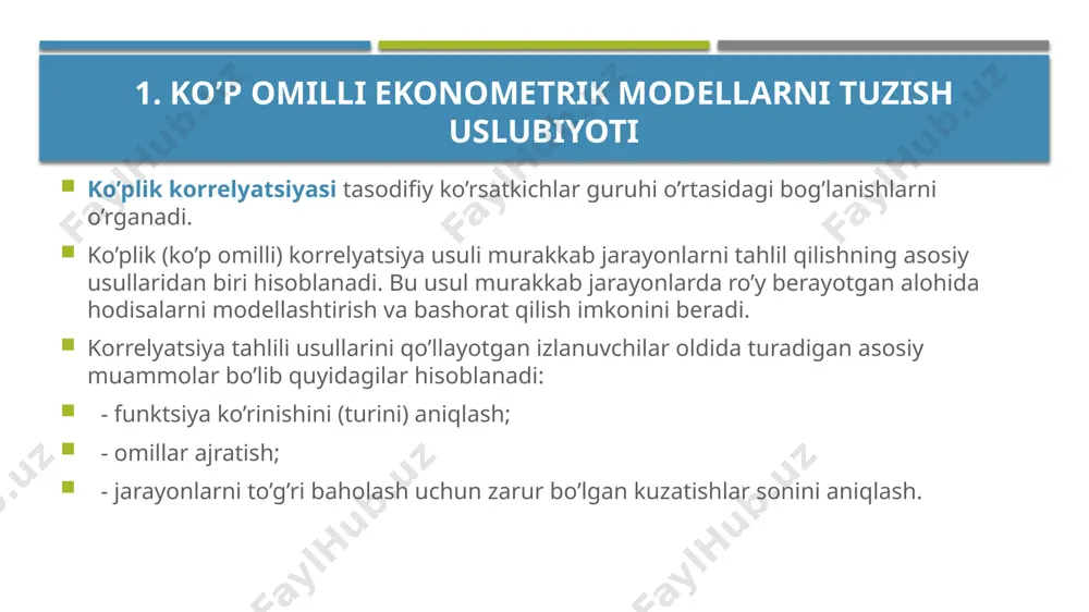 lari yig'indisini minimallashtiradigan koeffitsientlarining qiymatlarini topish talab qilinadi. 3. umumlashtirilgan va bavosita “eng kichik kvadratlar usuli” ushbu qiymat eng kam bo’lishi ushun birinchi darajali hosilalari nolga teng bo’lishi kerak: 3. umumlashtirilgan va bavosita “eng kichik kvadratlar usuli” 3. umumlashtirilgan va bavosita “eng kichik kvadratlar usuli” tizimning aniqlovchilari esa matritsasining tegishli ustunini tizimning chap tomonidagi ma'lumotlar bilan almashtirish orqali olinadi. 3. umumlashtirilgan va bavosita “eng kichik kvadratlar usuli” 3. umumlashtirilgan va bavosita “eng kichik kvadratlar usuli” quyidagi polinom ko’p omilli regressiya tenglamaga ega bo’laylik: qiymat eng kam bo’lishi ushun birinchi darajali hosilalar nolga teng bo’lishi kerak. 3. umumlashtirilgan va bavosita “eng kichik kvadratlar usuli” 3. umumlashtirilgan va bavosita “eng kichik kvadratlar usuli” 3. umumlashtirilgan va bavosita “eng kichik kvadratlar usuli” 3. umumlashtirilgan va bavosita “eng kichik kvadratlar usuli” tuzilgan modelning sifatini determinatsiya koeffitsienti baholaydi. ko’p omilli determinatsiya koeffitsienti ko’p omilli korrelyatsiya koeffitsienti kvadrati sifatida hisoblanadi. qiymati natijaviy belgining o'zgarishi necha foiz …