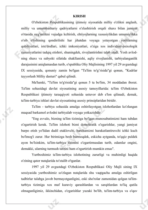 tqlarida to'xtalib o'tganlar. 1997 yil 29 avgustdagi o'zbekiston respublikasi oliy majli sining ix sessiyasida yurtboshimiz so'zlagan nutqlarida shu vaqtgacha amalga oshirilgan tadbirlar talabga javob bermayotganligini, eski sho'rolar zamonidan qolgan ta'lim-tarbiya tizimiga xos maf kuraviy qarashlardan va sarqitlardan to'liq qutila olmaganligimiz, ikkinchidan, o'zgarishlar yuzaki bo'lib, ta'lim-tarbiya va o'quv jarayonlarining tarkibini, bosqislarini bir-biri bilan uzviy bog'lash, ya'ni uzluksiz ta'lim-tarbiya tizimini tashkil qilish muammolarini yechib bermaganligi, uchinchidan, bizning amaldagi ta'lim-tarbiya tizimimiz bugungi zamonaviy, taraqqiy topgan demokratik davlatlar talablariga javob bera oimasligi... kabilar ham bu islohotni zarurligini ko'rsatdi. shu munosabat bilan yurtboshimiz "barkamol avlod — o'zbeklston taraqqiyotining poydevori" mavzusida so'zlagan nutqida ta'lim-tarbiya tizimida islohotlar o'tkazish zarurati va omillarini asoslab berdilar. hozirgi kunda respublikamizda barcha ta’lim sohalariga kata e’tibor berilmoqda. xususan kimyo sanoati va ushbu fanni o’qitish jadal suratlar bilan rivojlantirilmoqda. ta’lim jarayonida fanni so’nggi pedagogik texnalogiyalar asosida tashkil qilish va labaratoriyalarda bajarish yaxshi natija beradi. ushbu kurs ishini o’rganish mobaynida kimyo fani va sanoatida …