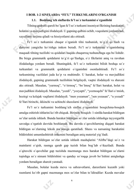 terial yig`iladi. harakat bildirgan so`zlar ustida ishlash mashqlarini “alifbe”dagi so`z va matnlarni o`qish, rasmga qarab gap tuzish bilan bog`lab o`tkaziladi. bunda o`qituvchi o`quvchilar gap tuzishda mazmunga mos harakat bildirgan so`zlarni topishga so`z nimani bildirishini va qanday so`roqqa javob bo`lishini aniqlashga yordam beradigan sharoit yaratadi. masalan, bolalar kuzda meva va sabzavotlarni, daraxtlarni kuzatib yoki rasmlarni ko`rib gapni mazmunga mos so’zlar bilan to`ldiradilar: kuzda mevalar nima qiladi?... (pishadi), sabzavotlar nima qiladi?... (yetiladi), daraxtlar barglari nima qiladi?... (sarg`ayadi). bolalar nima qilyaptilar?... (dam olyaptilar), …(o`ynayaptilar), …(ishlayaptilar). ikkinchi bosqich: 2-sinfda harakatni bildirgan so`zlarning leksik ma’nosi bilan grammatik ma’nosi (harakat bildirishi) mos keladigan (nima qildi?) yuguryapti, arralayapti, sakrayapti, (nima qildi?) yugurdi, arraladi, sakradi, (nima qiladi?) yuguradi, arralaydi, sakraydi kabi misollardan foydalaniladi. o`quvchilar o`zlari bajargan harakatlarni aytishni so`rab, ular bergan javobini (harakat bildirgan so`zlarni) so`roqlari bilan xattaxtaga yozib, suhbat o`tkazish bilan tushuntiriladi. o`quvchilar so`roq berish bilan holat bildiradigan uxlayapti, o`ynayapti, faxrlanadi kabi so`zlarni ham tanlashga o`rgatib borish …