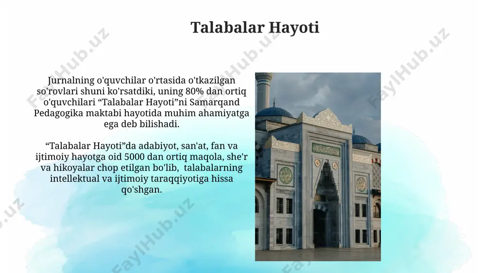 dagogika maktabini 300 dan ortiq bitiruvchi tamomlab, ularning 80 foizi yuqori malakali mutaxassislar sifatida ishga joylashgan. xalqaro hamkorlik samarqand pedagogika maktabi “xalqaro hamkorlik” orqali 50 dan ziyod xalqaro loyihalarda ishtirok etib, o'qituvchilarning malakasini oshirish va ilmiy izlanishlarni rivojlantirishga muhim hissa qo'shgan. “xalqaro hamkorlik” doirasida o'tkazilgan xalqaro konferensiyalar va seminarlar soni oxirgi 5 yilda 2 baravar oshgan bo'lib, bu maktabning global miqyosdagi e'tiborini oshirishda muhim rol o'ynaydi. zamonaviy taʼlim texnologiyalari interfaol oʻyinlar va simulyatsiyalar kabi texnologiyalar, murakkab tushunchalarni tushunishni 30% ga oshirib, oʻquv jarayonini yanada jozibador va samarali qilmoqda. sunʼiy intellekt asosidagi baholash tizimlari, oʻquvchilarning bilimlarini obʼyektiv va tezkor baholash imkonini berib, oʻqituvchilarning ish yukini 15% ga kamaytiradi. e'tiboringiz uchun rahmat @taqdimot_robot image2.jpg image3.jpg image4.jpg image5.jpg image6.jpg image7.jpg image8.jpg image9.jpg image10.jpg image11.jpg image12.jpg image13.jpg image1.png