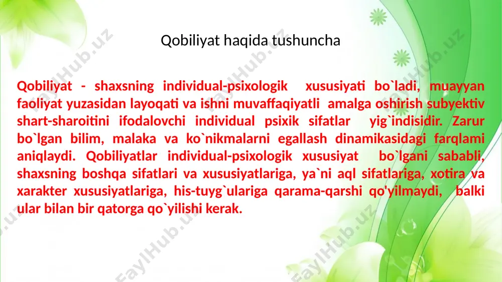 jalb etish, qobiliyatni takomillashtirishning maxsus vositalarini qoʻllash, shaxsning faollik alomatlarini maksimal darajada rivojlantirish, inson shaxsiga alohida yondashuvni umumiy talablar bilan uygʻunlikda olib borish va boshqa orqali rivojlantirish yoʻllari mavjud. qobiliyatning yuqori darajasi isteʼdod va daholik (qarang daho) namoyon boʻladi. qobiliyatlarning sifat va miqdor xarakteristikasi. qobiliyatlar individual-psixologik xususiyatlar sifatida xarakterlanadi, yani bir odamning boshqa odamdan farq qiladigan sifatlarini ochib beradi. oz-ozida malumki kishilar teng emas. mana shuning uchun qobiliyatlar haqida gapirganda, bu farqlarni xarakterlab otish zarur. ular sifat va miqdor jihatdan xarakterlanishi, farq qilishi mumkin. qobiliyat xususiyatlarining sifat tomonidan qaralishi maqsadga turli yollar bilan borishga imkon beruvchi "ozgaruvchan miqdor" toplami sifatida, faoliyat muvaffaqiyatini taminlovchi psixologik xususiyatlarning murakkab kompleksi sifatida korinadi. qandaydir faoliyatni bajarishdagi bir xil yoki nimalar bilandir oxshash yutuqlar asosida juda xilma xil qobiliyatlar birikmasi yotishi mumkin. bular bizning koz ongimizda shaxs qobiliyatlarining muhim tomonini ochib beradi: bir xususiyatning ornini boshqa bir xususiyatlar bilan toldirish (kompensatsiya qilish) ning keng imkoniyatlari …