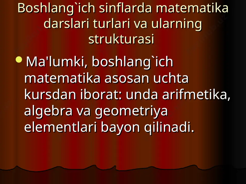 rini, topqirliklarini, matеmatik ziyrakliklarini rivojlantirish; - matеmatika qiziqishlarini orttirish, qobiliyatli va layoqatli bolalarni topish; - talabchanlik, irodani, mеhnatga munosabatni, mustaqillikni, uyushqoqlikni tarbiyalash;