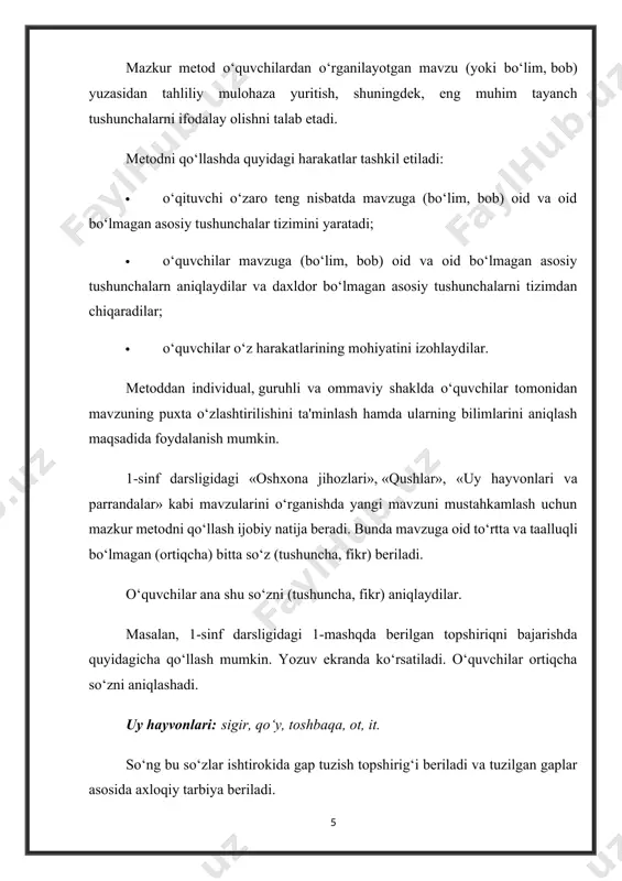 sti. o‘quvchilar tomonidan tuzilgan gaplar asosida o‘quvchilar qalbida ona tabiatga muhabbat uyg‘otiladi, uy hayvonlariga nisbatan ijobiy munosabatda bo‘lishga o‘rgatiladi. «videotopishmoq» metodi hozirgi kunda pedagogik faoliyatda turli axborot vositalari (kompyuter, televideniye, radio, nusxa ko‘chiruvchi qurilma, slayd, video va audio magnitofonlar) yordamida ta'lim jarayoni tashkil etilishiga alohida e'tibor qaratilmoqda. o‘qituvchilar oldida ta'lim jarayonida turli axborot vositalaridan o‘rinli va maqsadga muvofiq foydalanish vazifasi turibdi. videotopishmoq metodidan foydalanishda quyidagi harakatlar amalga oshiriladi: · o‘quvchilar e'tiboriga o‘rganilayotgan mavzu mohiyatini tasviriy yoritishga yordam beruvchi izohlarsiz bir nechta videolavha namoyish etiladi; · o‘quvchilar har bir lavhada qanday jarayon aks ettirilganini izohlashadi; · jarayonlarning mohiyatini daftarlariga qayd etishadi; · o‘qituvchi tomonidan berilgan savollarga javob qaytarishadi. mazkur metod asosida mavzuga doir kompyuter orqali videolavha namoyish etiladi. o‘quvchilar videolavha mavzusi, unda ifodalangan mavzu haqida o‘z fikr-mulohazalarini bildirishadi. masalan, «elektr jihozlari» (1-sinf), «yil fasllari» (2-sinf) kabilar asosida o‘quvchilarga milliy an'analarimiz, urf-odatlarimiz, iqtisodiy munosabatlar haqida tushunchalar beriladi. navro‘z udumlari (foydalanish uchun matnlar) …