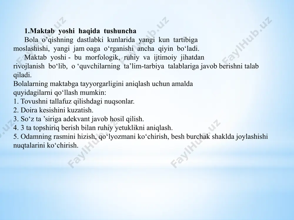 h lozim. bunda: har-xil sinflarning dars jadvali, normani aks ettiruvchi ma’lumotlar. aqliy faoliyat uzoq vaqt davom etaversa, ularning ish qobiliyati asta - sekin pasayib, ish sifati yomonlasha boshlaydi, bajarilayotgan ishga nisbatan e’tibor kamayadi, о‘zlashtirish pasayadi, mudraydi. bu nerv markazlaridagi hujayralari qо‘zg‘alish holatidan tormozlanish holatiga о‘tganligini, ya’ni ular charchaganligini kо‘rsatadi. aqliy toliqishning xususiy belgilariga yana diqqatning susayishini, xotiraning pasayishini, fikrlash va tasavvur qilishning buzilishi ham kiradi. dars vaqtida aqliy mehnatda charchashni oldini olish choralari: 1. о‘qituvchi yangi materialni о‘quvchining optimal ish qobiliyatiga ega bо‘lgan vaqtida tushuntirish; 2.darsning ikkinchi yarmida, dars berishning aktiv usullarini qо‘llab, о‘quvchi diqqatini uzoq vaqt bitta predmetda ushlab turmasdan tushuntirish; 3.dars berish usulini о‘zgartirib turish; 4.sinf xonalarini tanaffus paytida shamollatish; 5.о‘quvchi faoliyatini turli vazifalarga jalb qilish, qoidalariga qat’iy rioya qilgan holda о‘quv texnika vositalarini keng qо‘llash; 6.dars materialini tushuntirishda didaktiv о‘quv vositalardan; 7.dars oralig‘ida fizkulminutlar о‘tkazish; 8.yuqori pedogogik mahoratda darsni tashkil etish, kо‘tarinki kayfiyatda tushuntirish va har-xil ohangda …