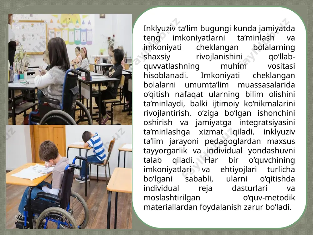 mustaqil ish bajarish ko‘nikmalarini rivojlantirdi va bilimlarni mustahkamlashda samarali bo‘ldi. shu bilan birga, tajriba davomida ba’zi muammolar ham yuzaga keldi: barcha o‘quvchilar uchun moslashtirilgan materiallarni ishlab chiqish va yetkazib berish qiyin bo‘ldi. bu muammoni hal qilish uchun maktabda metodik resurslar bazasi yaratish va o‘qituvchilarni maxsus kurslarda tayyorlash tavsiya etildi. shuningdek, individual reja dasturlarini yaratishda ota-onalarning ham roli katta. ular uy sharoitida bolalarni qo‘llab-quvvatlab, moslashtirilgan materiallar bilan ishlashlari, bolaning qobiliyatlarini mustahkamlashlari va pedagog bilan muntazam maslahatlashishlari kerak. shu tarzda inklyuziv ta’lim jarayoni nafaqat maktab bilan, balki uy sharoiti bilan ham uyg‘unlashadi. inklyuziv ta’limning samaradorligini oshirishda pedagogik yondashuv va metodik innovatsiyalar muhim rol o‘ynaydi. har bir o‘qituvchi individual reja dasturini yaratishda diagnostika, ta’lim maqsadlarini belgilash, moslashtirilgan materiallarni tayyorlash va monitoring qilishni tizimli ravishda amalga oshirishi lozim. shu bilan birga, zamonaviy texnologiyalar – interaktiv doskalar, elektron darsliklar, mobil ilovalar va video materiallar – inklyuziv ta’limni yanada qiziqarli va samarali qiladi. kelgusida tadqiqotlar individual …