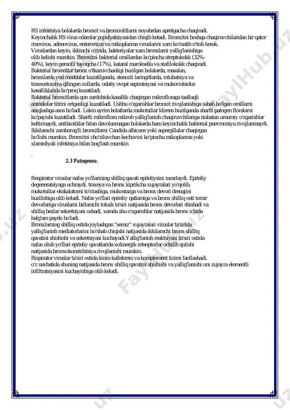 tsitli infiltratsiyasi xos. asosan, o'pka maydonida joylashgan alveolalar zararlanadi. bronx epiteliy regeneratsiyasi kasallikni 3-4 kuni boshlanadi. tsiliar apparatni tiklanishi kasallikni 3 xaftasida yuzaga keladi. bakterial bronxitda ekssudat yiringli bo'lib shilliq qavat infiltratsiyalanadi, og'ir holatlarda fibroz pardalar xosil bo'ladi. bronx ichida yiring, tiqin (probka), bronx shillig'ida eroziyalar yoki yaralar, shilliq qavatida neytrofilli infiltrat aniqlanadi. 2.5 o'tkir (oddiy) bronxit tasnifi va klinikasi. birlamchi bronxitda patologik jarayon bronxlar devorlarida boshlanadi va shu bilan cheklanadi. ikkilamchi bronxit boshqa a'zolar va tizim (respirator yo'llarni boshqa bir kasalliklari) kasallikning ko'rinishi, yoki asoratidir. o'tkir bronxitni asosiy belgisi yo'tal bo'lib,kasallik boshlanishida quruq bo'ladi.traxeobronxitda yo'tal ko'krak qafasida bosim yoki og'riq hissi bilan kechadi.kasallanishning ikkinchi xaftasida yo'tal yumshoq balg'am ajraluvchan bo'ladi. bronxitlar tasnifi. erta yoshdagi bolalarda rs infektsiyali,katta yoshdagi bolalarda mikoplazma infektsiyalarda yo'tal va boshqa belgilar 2 xaftadan ko'pga saqlanadi. yutal traxeitdan so'ng boshqa belgilarsiz 4-6 xafta saqlanishi mumkin. o'pka tomondanperkutor o'zgarishlar bo'lmaydi. auskultatsiya qilganda oddiy bronxitda dag'al nafas va …