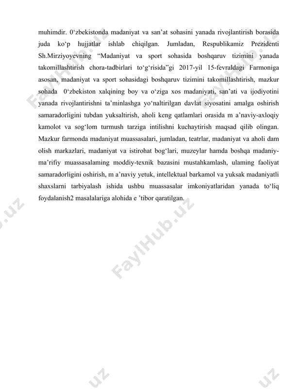 ni oshirish, m a’naviy yetuk, intellektual barkamol va yuksak madaniyatli shaxslarni tarbiyalash ishida ushbu muassasalar imkoniyatlaridan yanada to‘liq foydalanish2 masalalariga alohida e ’tibor qaratilgan. i.bob.ssenariy-madaniy tadbirlar dramaturgiyasining asosi 1.1. ssenariy tushunchasi va uni yaratishdagi ish bosqichlari tadbirlarni tashkil etishdagi ilk ish bosqichi bu-tadbir mavzusiga mos manbalarni izlab topishdir. har qanday asar sahna yuzini ko‘rishida uning dramatik asosini to ‘g‘ri tanlash katta ahamiyat kasb etadi. sahnada boiayotgan jarayonlar asosan “aktyor-vositachi”lar orqali tomoshabinlarga yetkaziladi. spektaklning dramatik manbai - pyesa bo‘isa, tadbirlarni tashkil etishda esa ssenariy yoziladi. har qanday sahnaviy asar tomoshabin e ’tiboriga havola etilgunga qadar 3ta asosiy jarayonni boshidan kechiradi, ya’ni: l.sahnalashtirish uchun asosiy manbani tanlash (pyesa, ssenariy, inssenirovka kabi); 2. sahnalashtirish (barcha ijodiy jihatlar, ya’ni ijrochilami tanlash, sahna bezagi, stol atrofida o‘qish (chitka), mizanssenalar, obraz va rol ustida, rejissorlik g‘oyalari va topilmalari ustida ishlash va boshqa ijodiy ishlar); 3.tashkiliy ishlar (professional teatrlarda va respublika miqyosida o‘tkaziladigan tadbirlarda tashkiliy ishlarning deyarli …